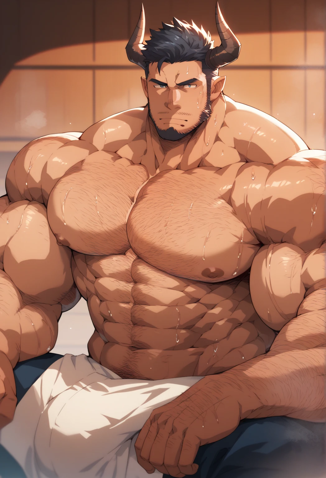 Ash Ketchum and from Pokémon and his long-lost twin brother flexing their biceps under hypnosis with glowing red eyes as they grow into big dumb sweaty hairy muscular football jock bros in a locker room. Hyper muscles. Massive muscles. Big biceps. Big triceps. Big traps. Broad shoulders. Big pecs. Bulging crotch. Hyper crotch bulge. Dumber and dumber. Blank stare with open mouth while saying, "I am a dumb jock.... I obey.... Dumber and dumber.... Hairier and hairier.... Yes, Coach.... Huhuhuhuh...." Slumped shoulders. Hypnosis. Brainwashing. Bigger and dumber jock bros. Assimilation. Transformation into big dumb muscular jock bros. Slumped shoulders. Massive crotch bulge. Bulging glutes. Thick stubble. Hairy armpits. Repeating triggers to be dumber and dumber each time they say them to think and focus only on growing muscle and being the perfect football jocks. Hairy brutes. Crass.