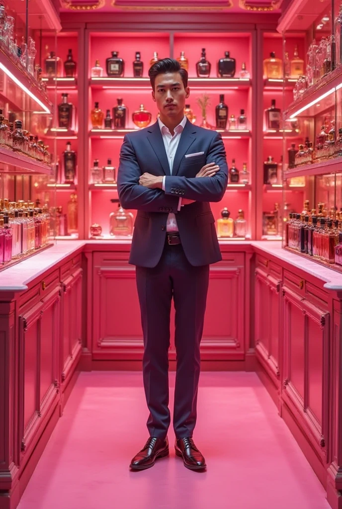 fot, Hyper-Realism, cinematic color grading, 1 young boy, naughty man, ruggedly handsome, well-lit interior, in a pink Parisian potion shop
