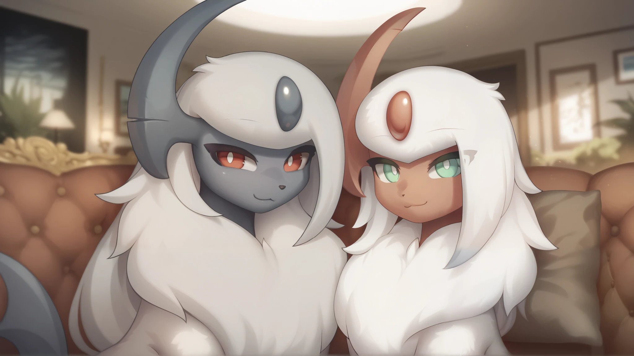(high quality, high resolution), casal entre dois Absols, dois Absols, Absol shiny(| light green eyes , light red facial skin, light red claws, white pupils, Light red horns, through the white, large stripe, a lot of hair on her chest|), Absol(| red eyes, gray facial skin, Gray claws, white pupils, gray horns , through the white, large stripe, a lot of hair on her chest|), Pokemon \(creature\), looking at the spectator, smile in the shape of 3, Line smile, living room, no windows, Sitting together on the couch, in love, from the author: Zinfyu