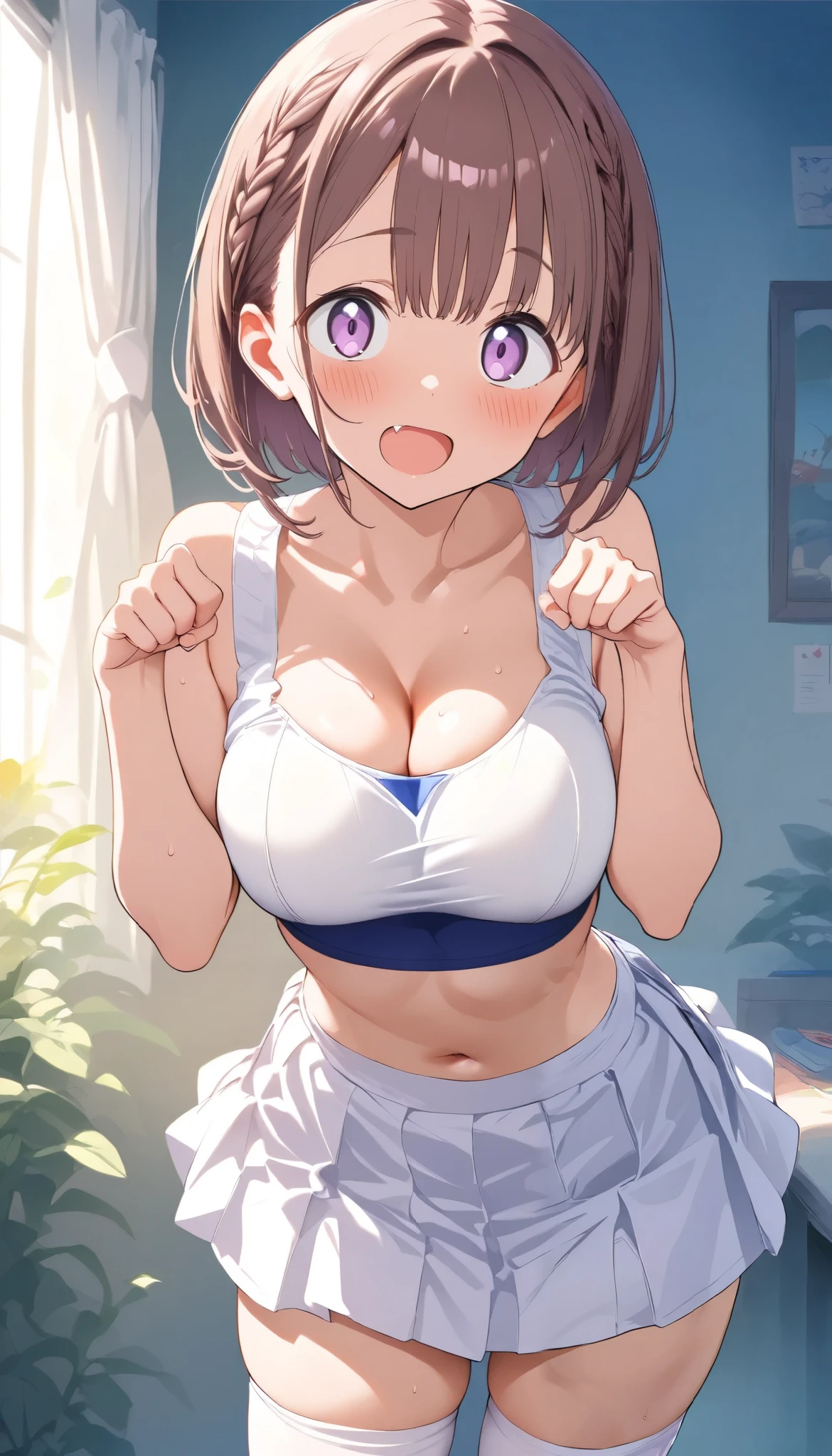 [1girl, sakura bakushin o \(umamusume\), umamusume], (throw_hand, pink vibrator remote switch in throw_hand, throw:1.2), Highest quality, Super detailed, masterpiece, Ultra-high resolution, 8K, Ridiculous, Cowboy Shooting, Blurred, One girl, Focus on the girl, Embarrassing, blush, Lovely, Close one eye, With tears in her eyes and her mouth open, What saliva leaves behind, Wet skirt hem, (Sticky panties:1.1), Bulging of the vibrator cord, Vibrator with Garters, (cleavage), Classroom Background, The skirt is accidentally exposed,(large breasts), (crop top navel), (waist line), Accidentally exposed panties