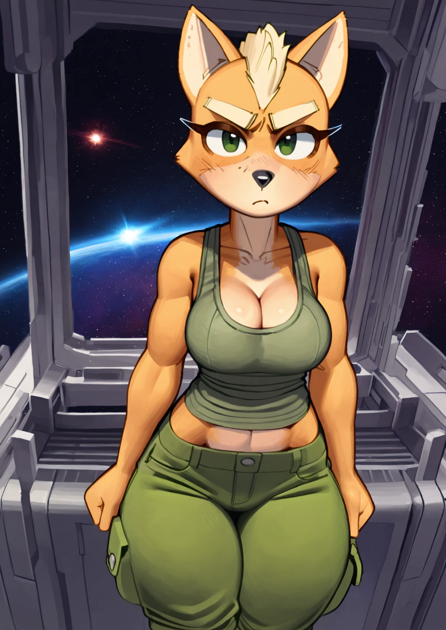 [fox mccloud], [Uploaded to e621.net; (Pixelsketcher), (wamudraws), (fluffkevlar)], [uploaded to twitter.com; (@senip)], ((masterpiece)), ((HD)), ((solo portrait)), ((full body)), ((front view)), ((furry; anthro fox)), ((detailed fur)), ((detailed shading)), ((beautiful render art)), {anthro female; (athletic slim figure), yellow fur, black nose, (bleach-blonde mohawk), (cute green eyes), (short eyelashes), (medium boobs), (gorgeous hips), (beautiful legs), (defined leg muscles), (beautiful feet), (camel toe), (blushing), (surprised), (nervous smirk)}, {(grey tank top), (cleavage), (nipple outline), (green boxer briefs)}, {(walking), (hand on head), (looking at viewer)}, [background; (white metal walls), (spaceship), (starry sky), (cosmic sky), (ceiling lights), (si-fi), (ambient lighting)]