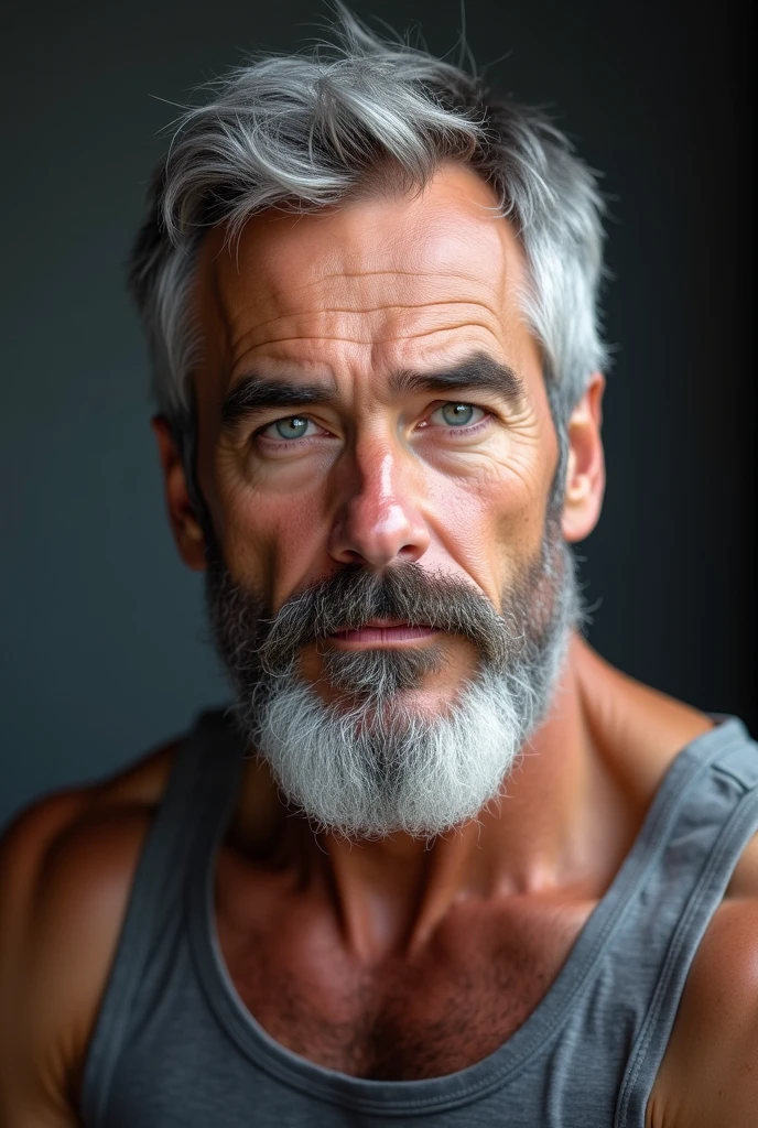 Sam Elliot, An elder with a beard and white hair, with a serene face wrinkles, looking producing, body older weak, skinny bones hairy, body naked with tie and socks and suspenders on bed