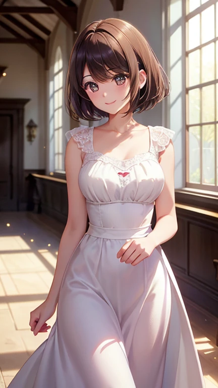 1 Japanese female、Idol、Shortcuts、White ruffled dress、Smile、Black Hair、