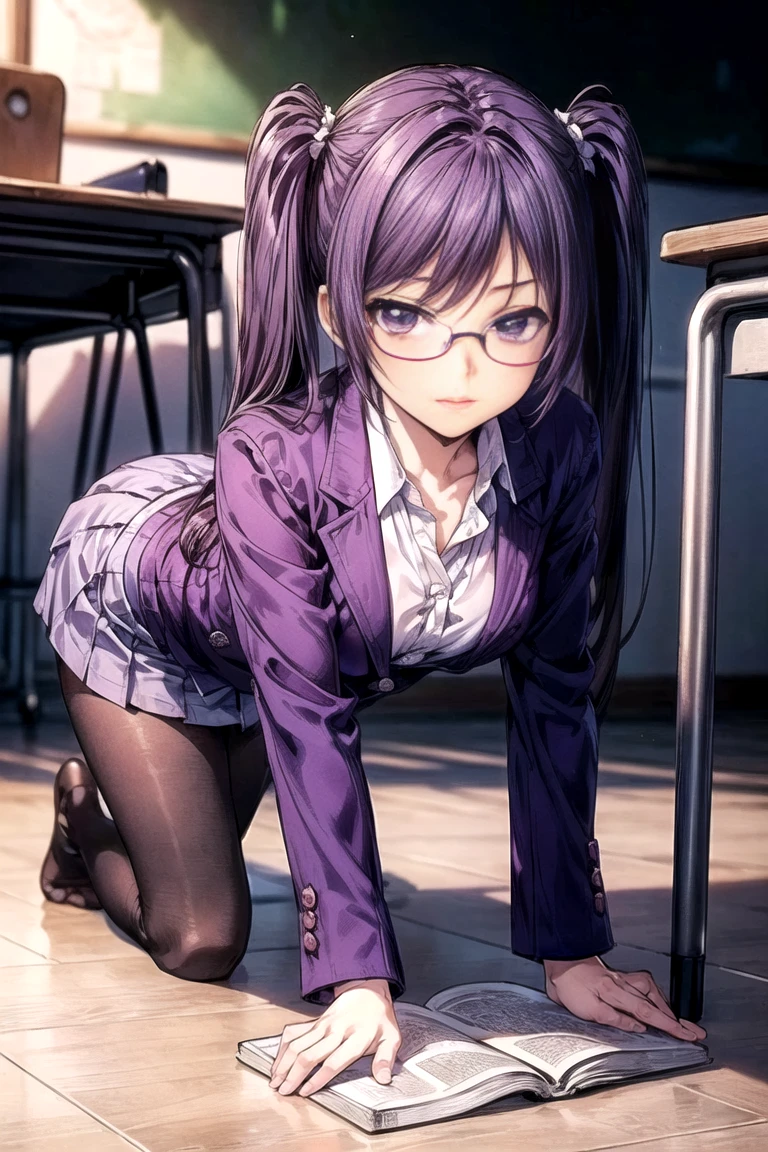 Glasses、(((spread legs)))、uniform blazer、(Panty shot)、、Beautiful girl magician、purple hair long、((whole body))、(((photo taken from below)))、school gate