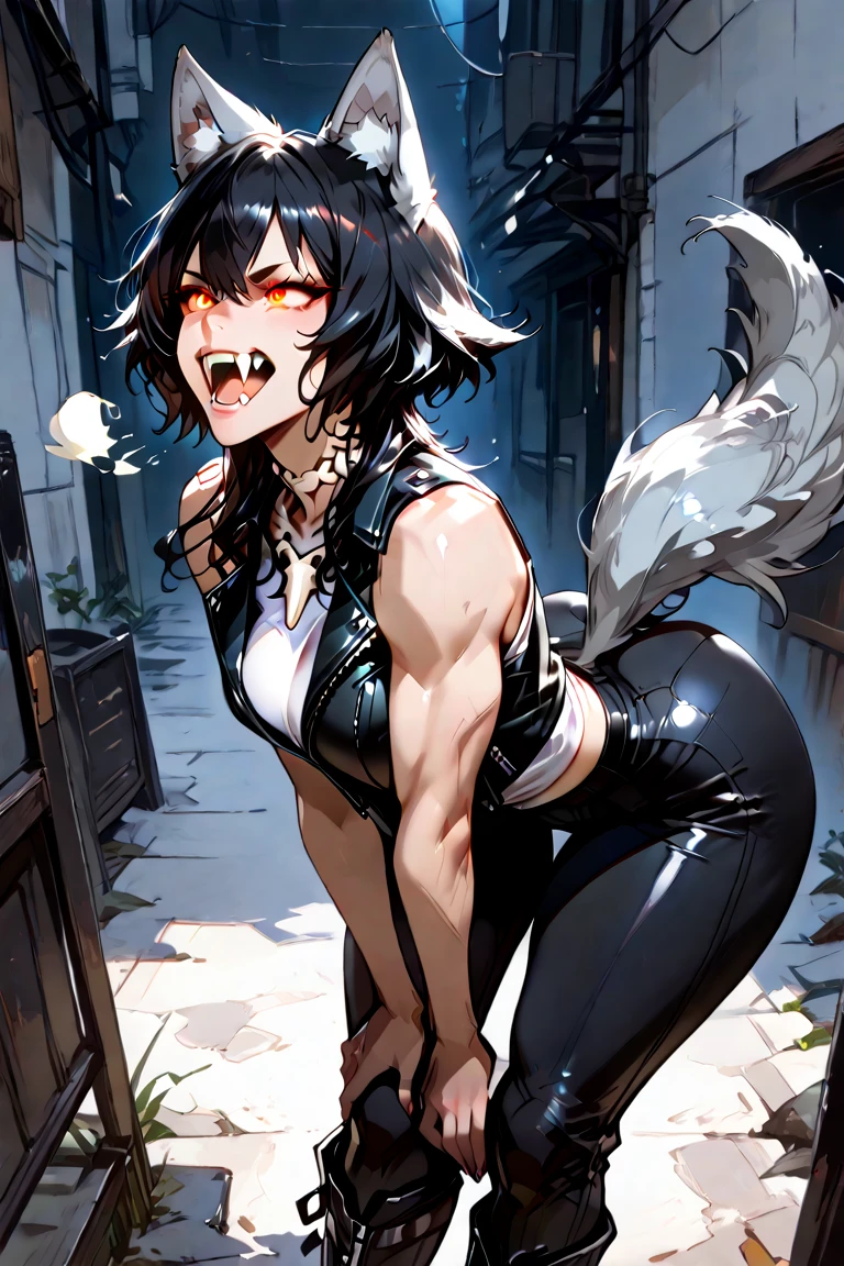 ((best quality)), ((highly detailed)), masterpiece, absurdres, (detailed eyes, deep eyes), (1girl), (glasses), Forced Perspective, full body, <lora:hairdetailer:.6>, ((wolf girl)), <lora:werewolfWolfGirls:.6>, werewolf, (furry legs), furry arms, wolf ears, fangs, ((gold eyes)), (black hair), (abs), (muscularfemale), fluffy tail, (denim vest), (crop-top under vest), short shorts, thighs, (outside, at a house, evening, night sky, stars, crescent moon, snowing), <lora:scanline_v03:1>