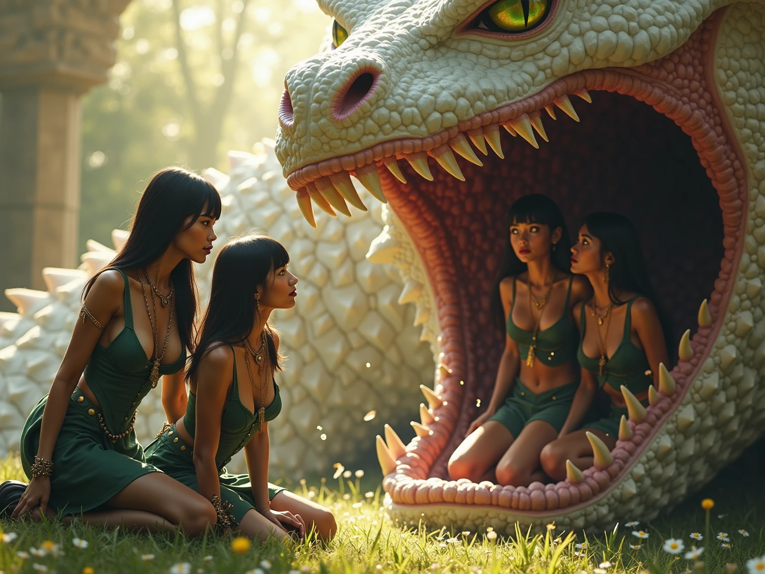 Beautiful girl with green eyes, plump lips, dark long hair with bangs, holding a little cute green dragon in his arms, super detaill, hiquality