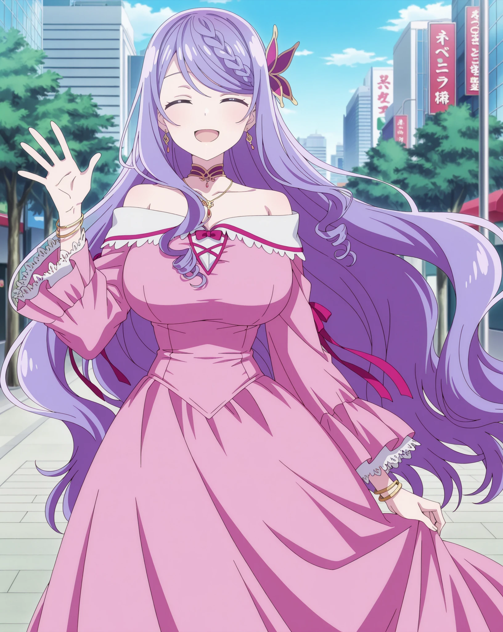 score_9, score_8_up, score_7_up, source_anime, very aesthetic, Flora Beltrum, long hair, bangs, hair ornament, very long hair, closed eyes, purple hair, braid, swept bangs, ultra delicate hair, huge breasts, anime screencap, long sleeves, ribbons, collarbone, choker, beautiful pink dress with intricate details, off shoulder princess dress, bare shoulders, jewelry, long gold earrings, bracelets, long necklace, outdoors, day, Tokyo City, smile, opened mouth, standing, waving at viewer, looking at viewer, 1 girl, solo, slim body