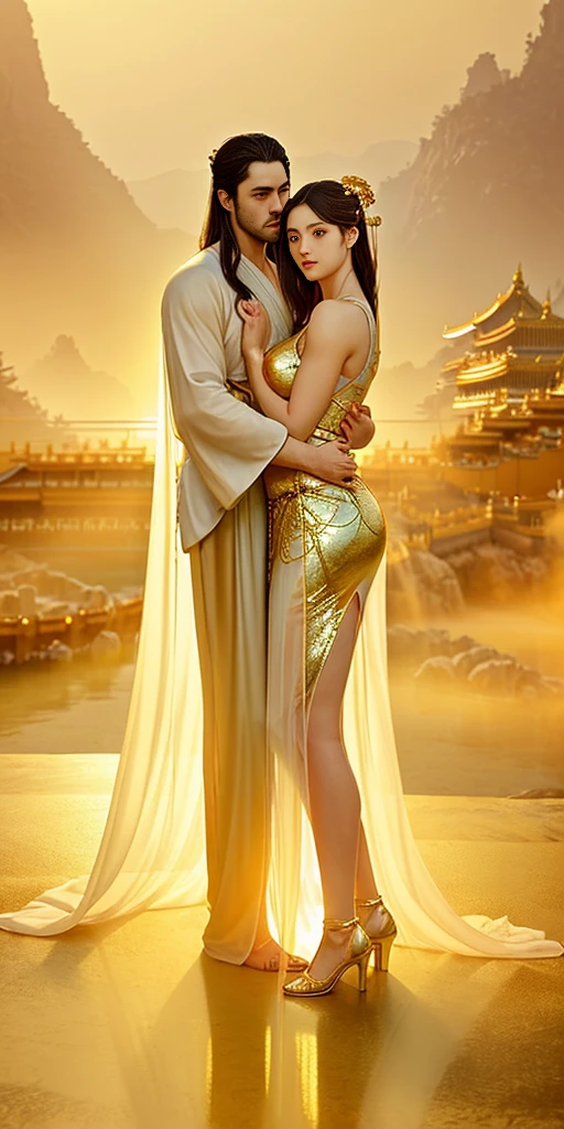 (couple cuddling) rough man Zeus muscular naked, beautiful, sexy, big breasts, cleavage, bare legs, see-through, standing, hanfu, wet, clear, realistic, highest detail, Chinese mythology, dragon pattern, phoenix, sacred, holy, golden mountains, heavenly palace, countless palaces, clouds, golden light