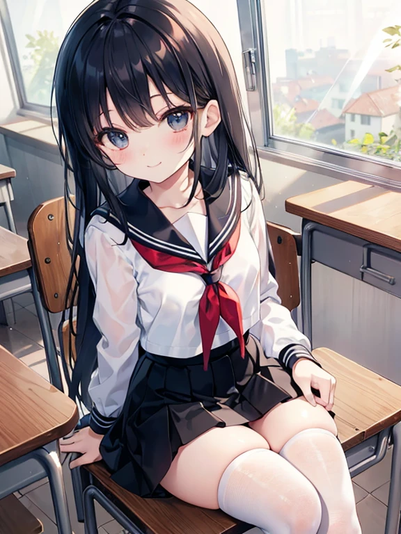 masterpiece、Best image quality、Ultra-high resolution、Big Teen 、Twin tail hairstyle、Black Hair、Red face、mock、Open your mouth just a little、Short-sleeved sailor 、 For teenage girls、Knee high socks For teenage girls、White beret for teenagers 、In the classroom