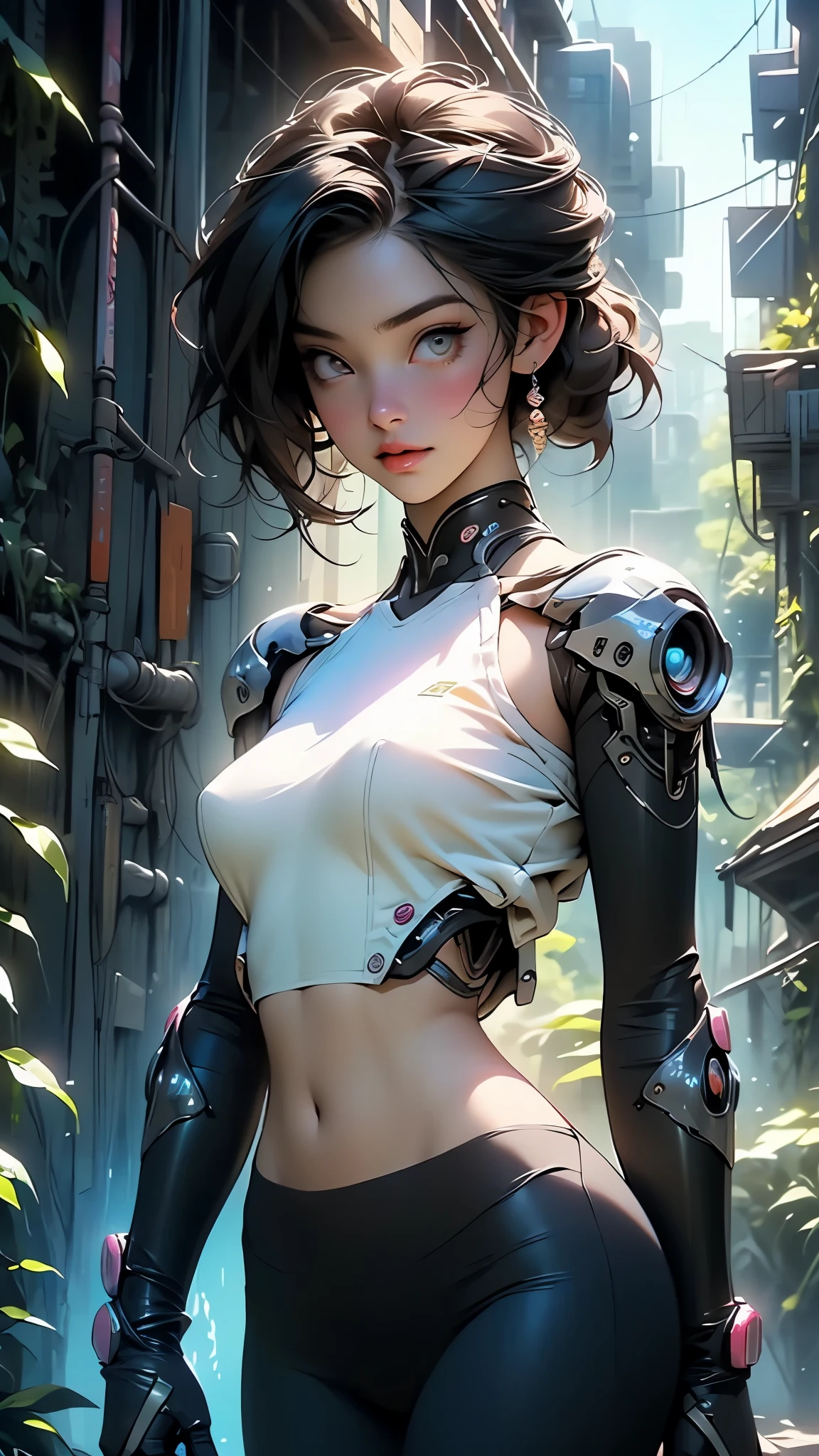 obra-prima, alta resolução, realista, elfa bonita com (cybernetic prostheses )na natureza,Cabelo pigtails, esguio, bonito, Shy Laughter, bare-legged, costas, sentado, pele brilhante, linha traseira lisa, linha do quadril, shade of trees, linha brilhante
