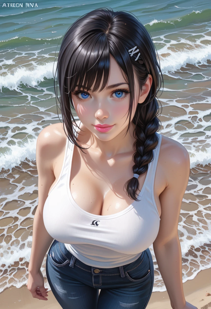 beach, summertime, 1 woman, tomboy, black hair, ponytail, detailed yellow eyes, luscious lips, ((detailed gorgeous face)), (((seductive expression))), ((huge round breasts)), (sweaty), tank top, micro shorts, (((cleavage))), facing viewer, seductively making eye contact with viewer, ((leaning forward)), (((she is seductively pulling her tank top down to reveal more of her cleavage))), (((her breasts are bursting out of her tank top))).
