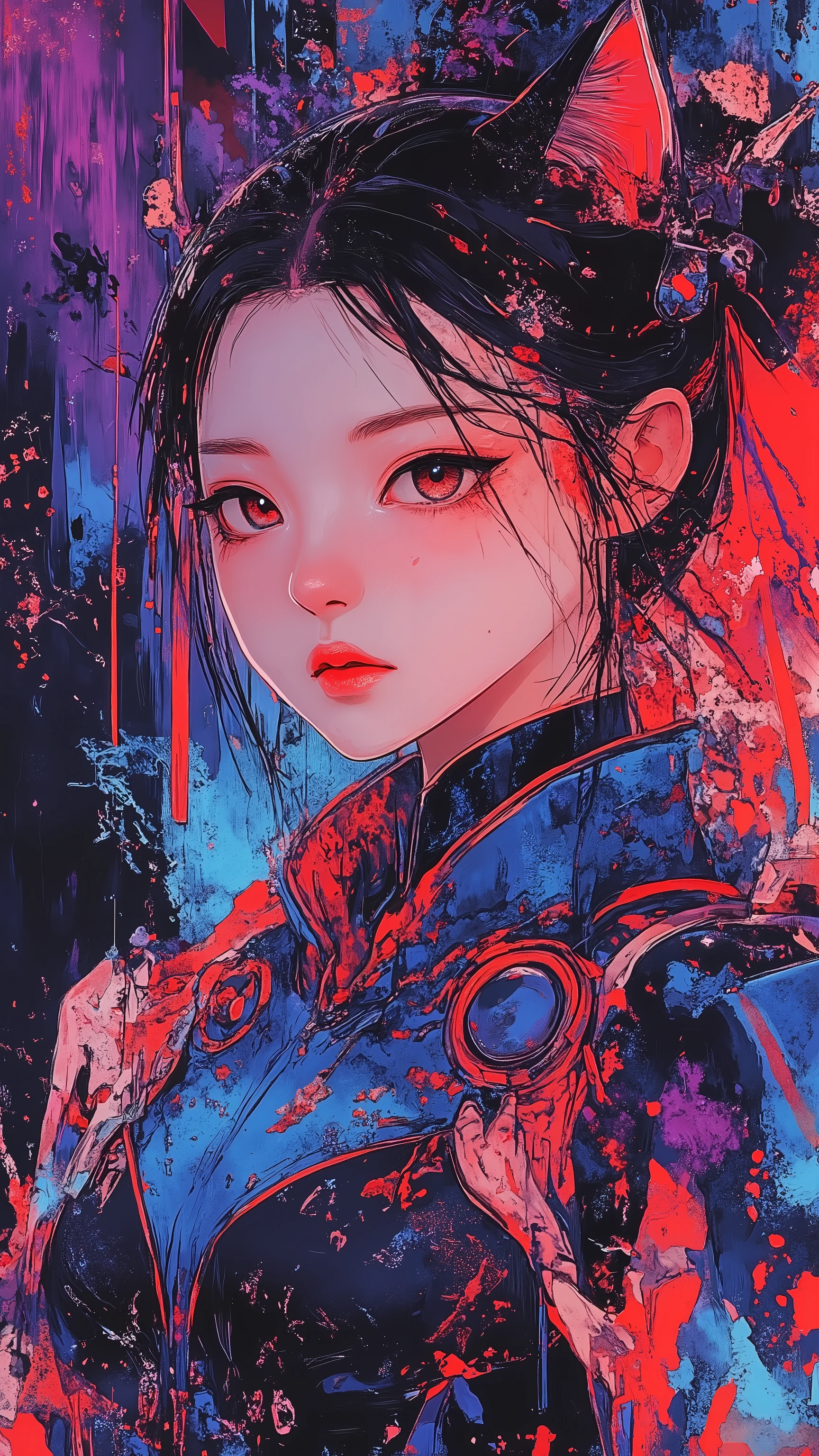 top-quality))、((masterpiece)、cyberpunked、young korean catgirl, revealing cyberpunk clothing, purples, blues, reds, (andy warhol), illustrated anime, retro style classic, no background, neon colorsplash background, glitter dust, ethereal, shiny skin,