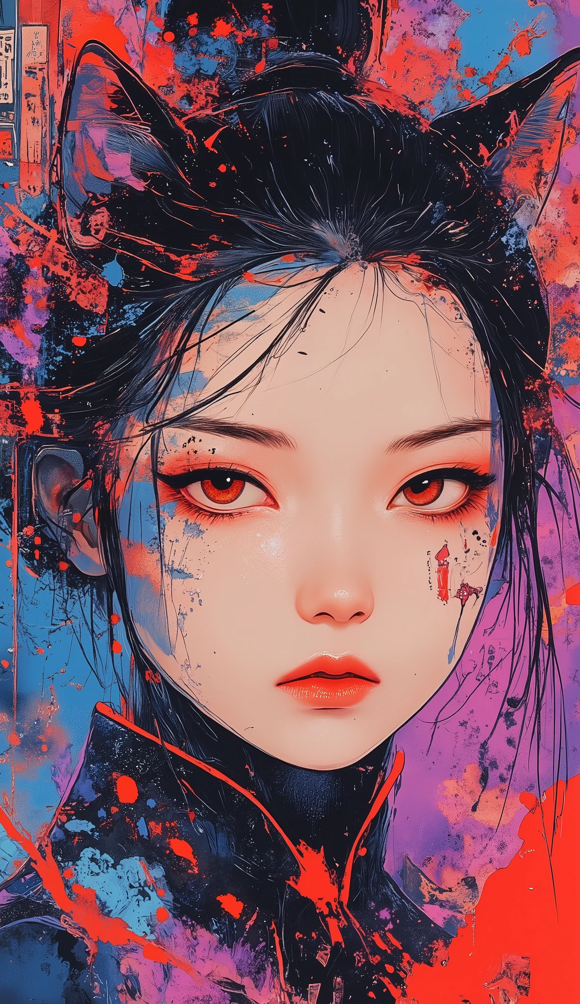 top-quality))、((masterpiece)、cyberpunked、young korean catgirl, revealing cyberpunk clothing, purples, blues, reds, (andy warhol), illustrated anime, retro style classic, no background, neon colorsplash background, glitter dust, ethereal, shiny skin,