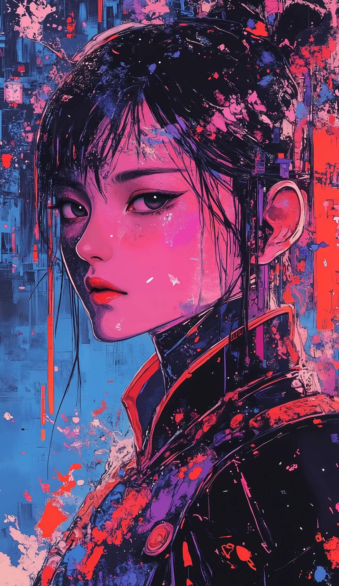 top-quality))、((masterpiece)、cyberpunked、young korean catgirl, revealing cyberpunk clothing, purples, blues, reds, (andy warhol), illustrated anime, retro style classic, no background, neon colorsplash background, glitter dust, ethereal, shiny skin,