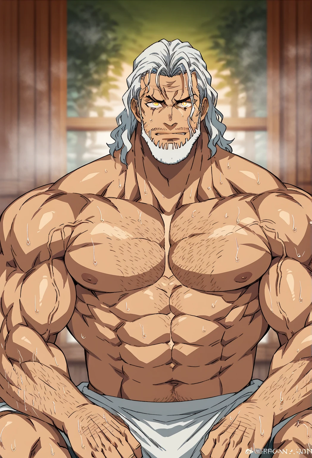 a handsome man with beard, large hair, muscle body full or hair.