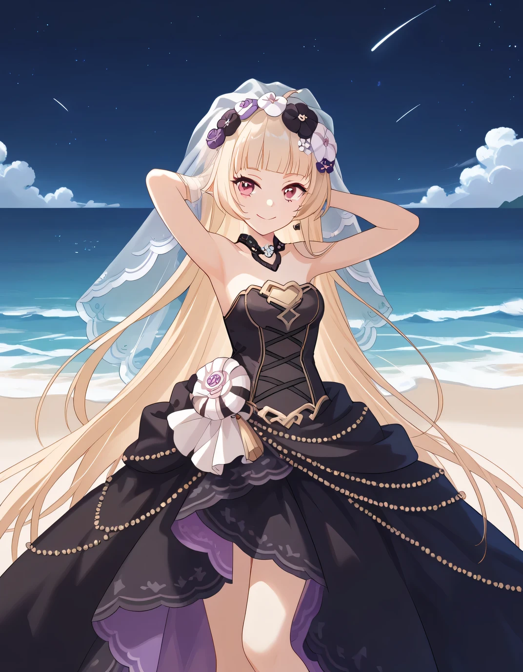 YukiCeremonial, blond hair, long hair, bare shoulders, black dress, bridal veil, black veil, hair flower, strapless dress, game screencap, shiny skin, high quality, solo, night sky, beach, ((hands behind head)), ((contrapposto)), closed mouth, cowboy shot, looking at viewer, smile, best quality