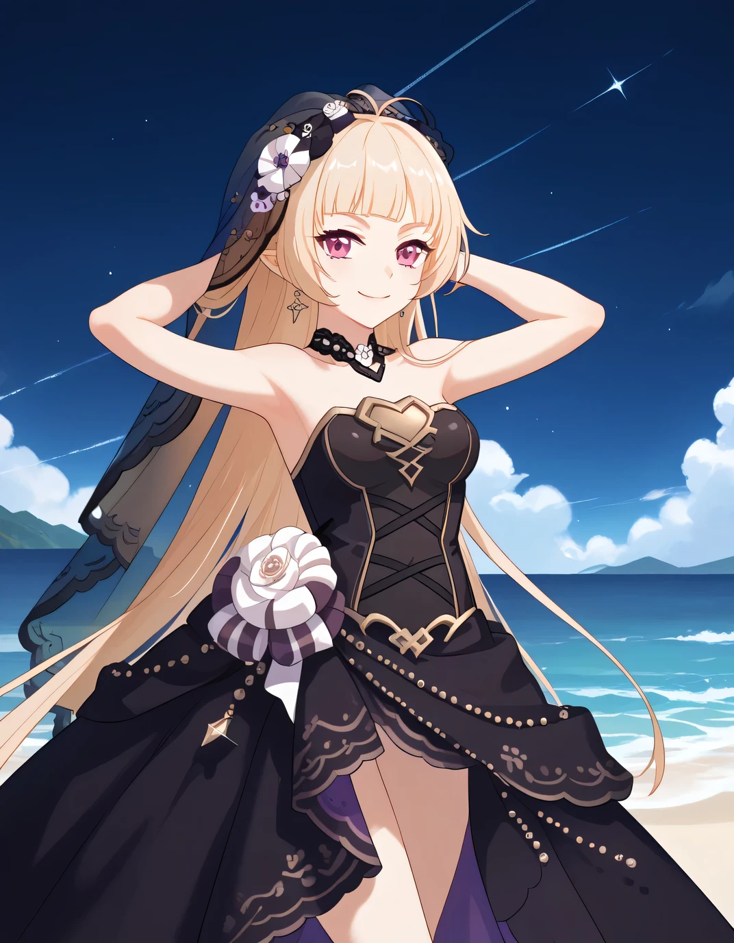 YukiCeremonial, blond hair, long hair, bare shoulders, black dress, bridal veil, black veil, hair flower, strapless dress, game screencap, shiny skin, high quality, solo, night sky, beach, ((hands behind head)), ((contrapposto)), closed mouth, cowboy shot, looking at viewer, smile, best quality