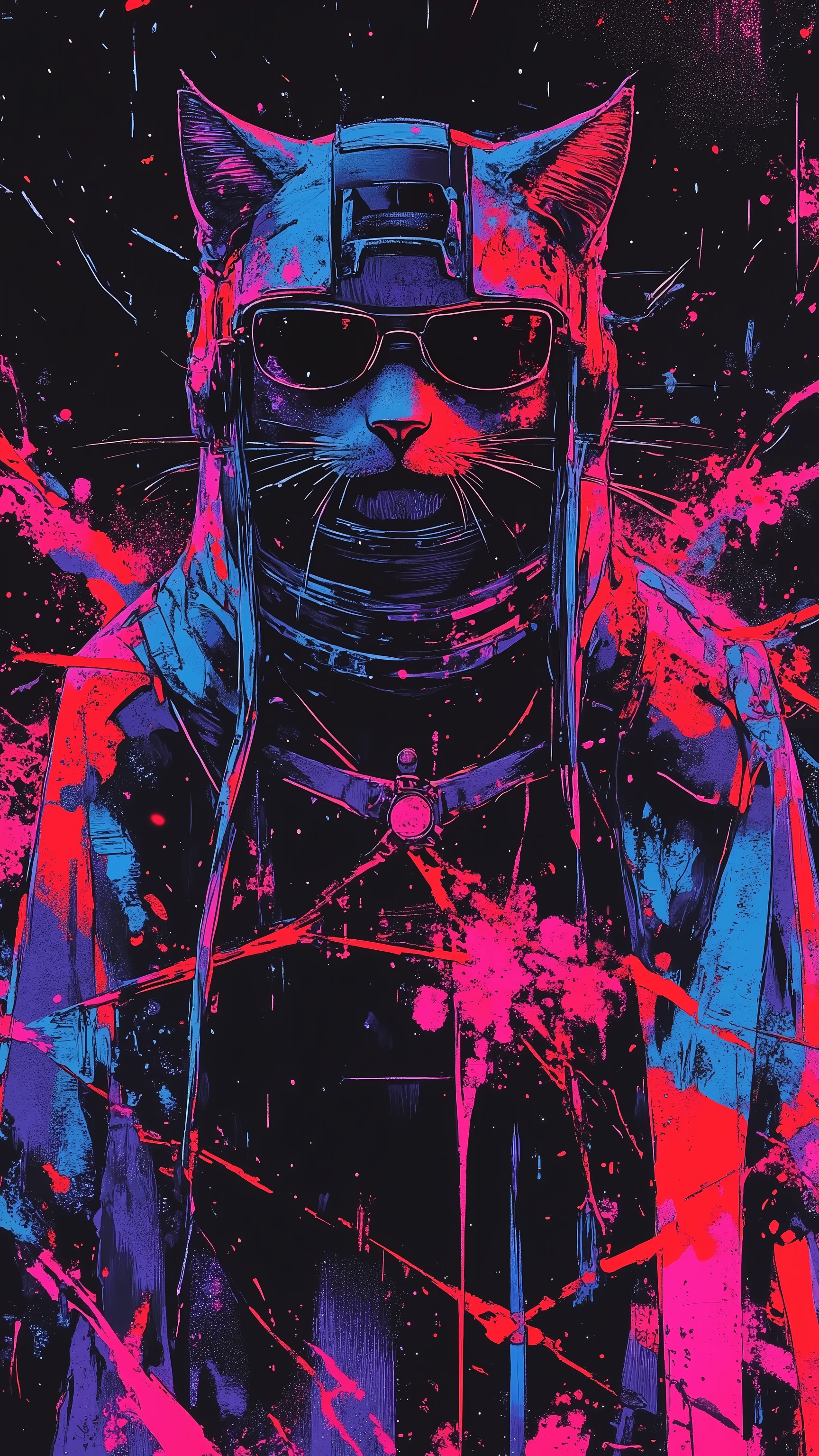 top-quality))、((masterpiece)、cyberpunked、young korean catgirl, revealing cyberpunk clothing, purples, blues, reds, (andy warhol), illustrated anime, retro style classic, no background, neon colorsplash background, glitter dust, ethereal, shiny skin,