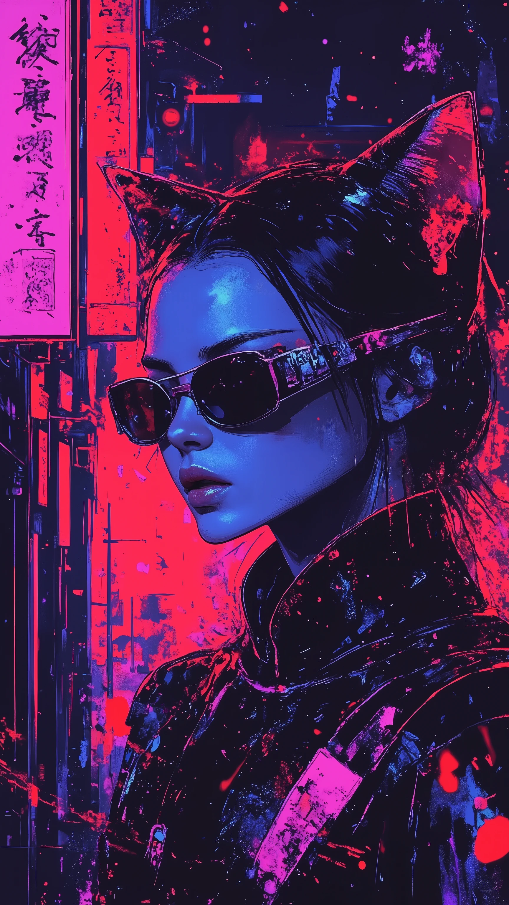 top-quality))、((masterpiece)、cyberpunked、young korean catgirl, revealing cyberpunk clothing, purples, blues, reds, (andy warhol), illustrated anime, retro style classic, no background, neon colorsplash background, glitter dust, ethereal, shiny skin,