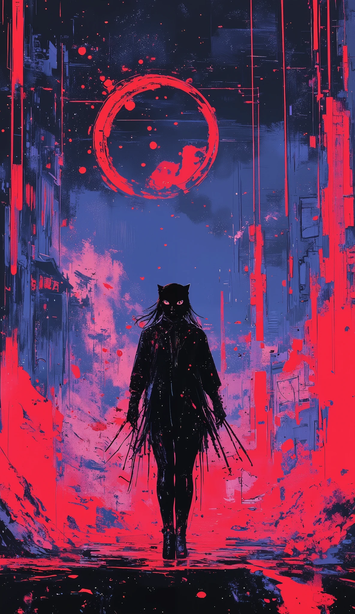 top-quality))、((masterpiece)、cyberpunked、young korean catgirl, revealing cyberpunk clothing, purples, blues, reds, (andy warhol), illustrated anime, retro style classic, no background, neon colorsplash background, glitter dust, ethereal, shiny skin,