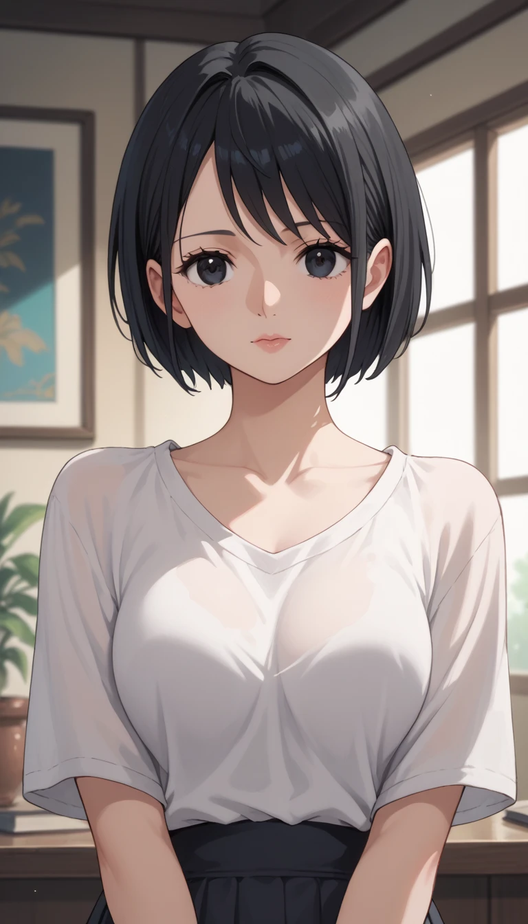 (Highest quality、8k、32K、masterpiece、Photorealistic:1.4、Hmph:1.2)、Cute Japanese Women Photos、Huge boobs:1.4、Very short bob hair、Upper body、Face Focus、Extra Large_sweater、necklace、Simple Background、From above、Looking at the audience、Cleavage:1.5、A balanced body、whole body