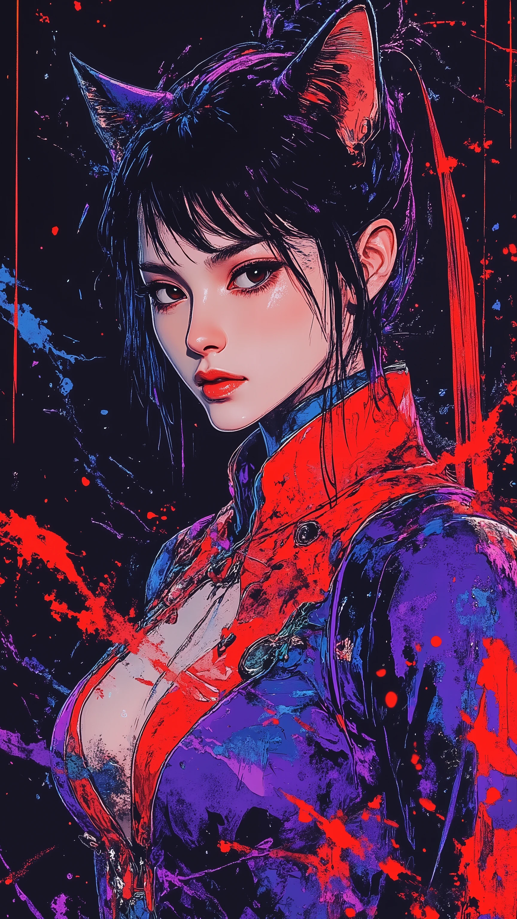 top-quality))、((masterpiece)、cyberpunked、young korean catgirl, revealing cyberpunk clothing, purples, blues, reds, (andy warhol), illustrated anime, retro style classic, no background, neon colorsplash background, glitter dust, ethereal, shiny skin,