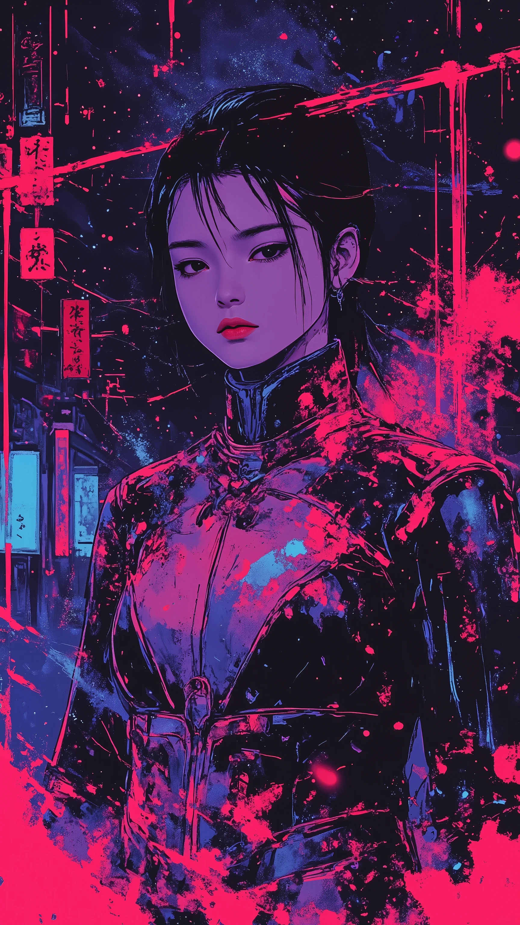 top-quality))、((masterpiece)、cyberpunked、young korean catgirl, revealing cyberpunk clothing, purples, blues, reds, (andy warhol), illustrated anime, retro style classic, no background, neon colorsplash background, glitter dust, ethereal, shiny skin,