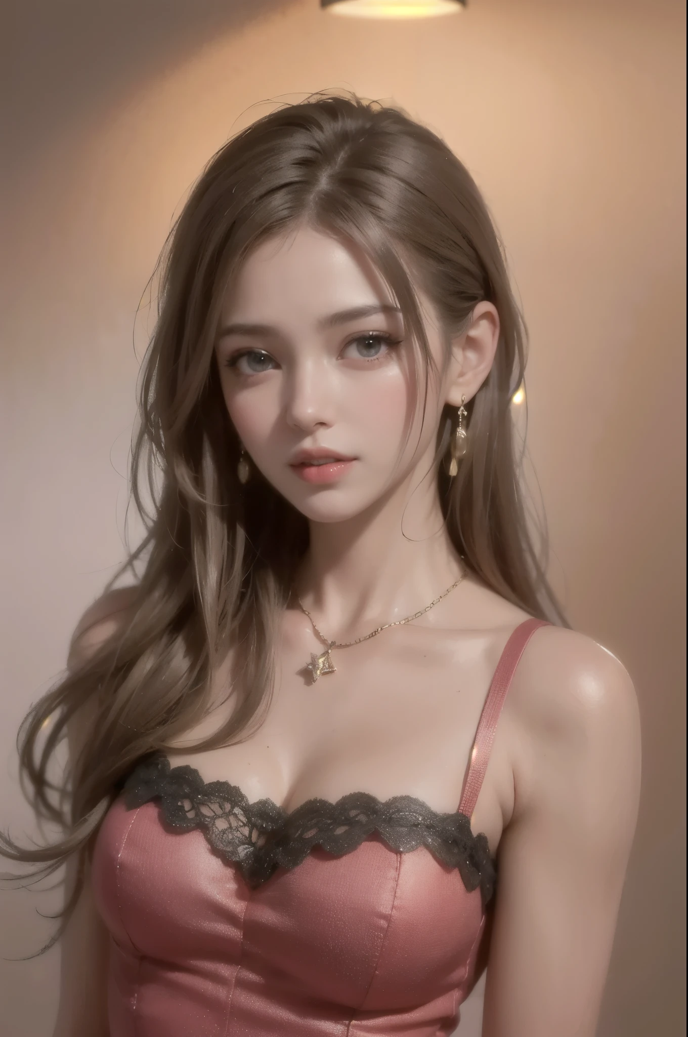 red middle length hair girl with green eyes in fine clothes, huge breasts, amazing cleavage,