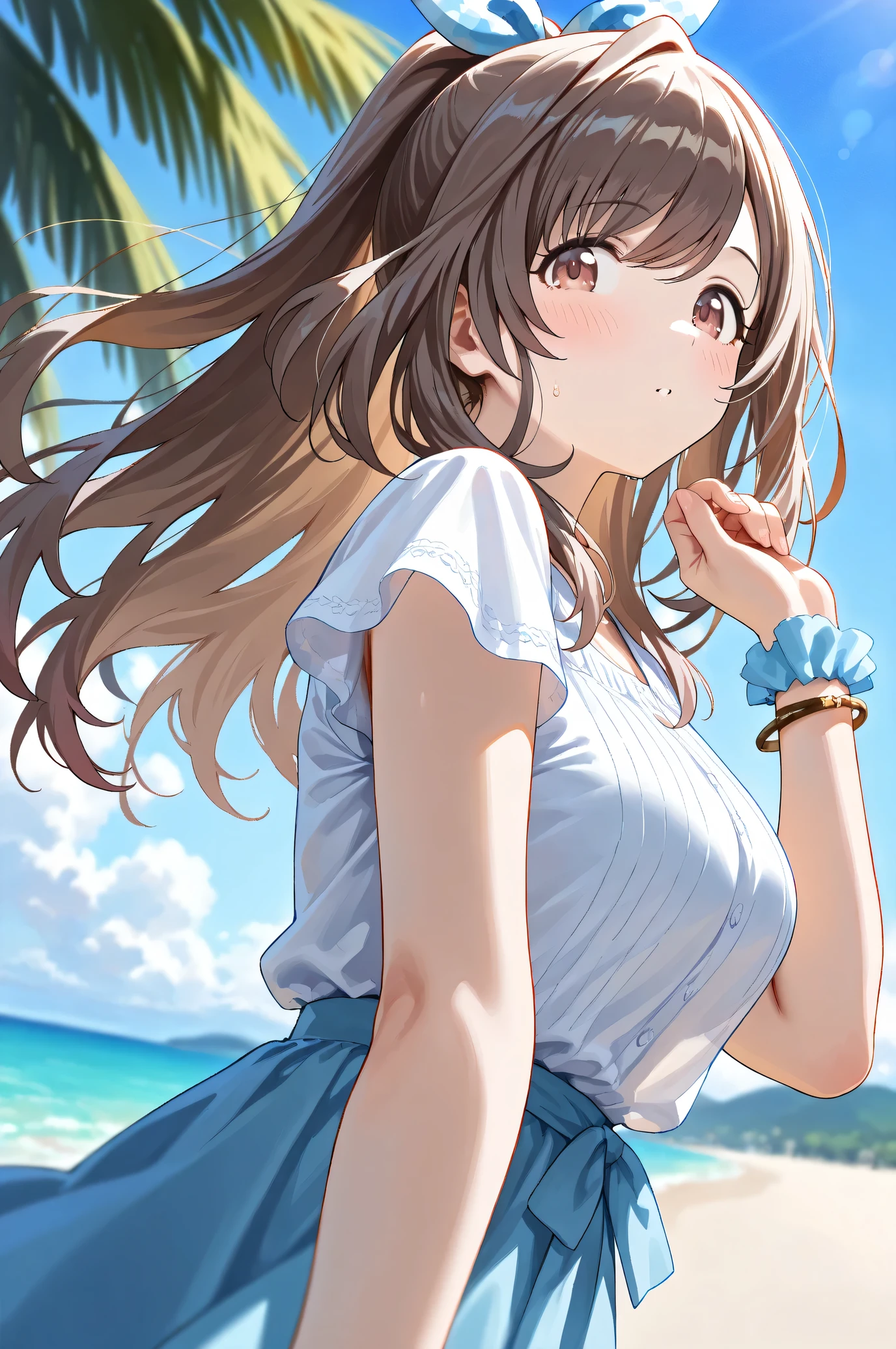 (Masterpiece:1.2), (Highest quality:1.1),
(Very detailed), (The best shape), (Best shadow), (Absurd), (Detailed Background), (So beautiful),
Shiny, Beautiful eyes in every detail, Extraordinary, Countershading, 8k, 32K, High resolution,
Very Detailed CG ,
Score_9, Score_8_up, Score_7_up, Source_anime,
(Pastel painting:1.2), (Watercolor painting:1.2),
(Masterpiece, Detailed:1.2), (Foreshortening:1.2),
Cinematic, Dramatic, (Depth of field:1.4),
(Blurry background:1.4), (Realistic background:1.4),
1 girl, Solo, Dynamic angle, (from below:1.3),
Outdoors, (Coast:1.2), Beach, Wind, (Blue sky:0.8),
Tsukioka Kogane,
the idolmaster shiny colors,
(Brown eyes:1.3), (Brown hair:1.1), Ponytail,
Hair ribbon, Light blue hair ribbon,
(Casual wear:1.3),
(Linen color shirt:1.4), Ruffled cuffs, (Shirt hem:1.2),
(Shirt with tied ends:1.3), short sleeves shirt,
Skirt, Blue skirt, (Gradient skirt:0.8),
Bracelet, Wear a bracelet on her right hand,
(Blush:1.3),
Close up shot,
Sweat,
Focus on face,
Realistic skin,
Shiny skin,