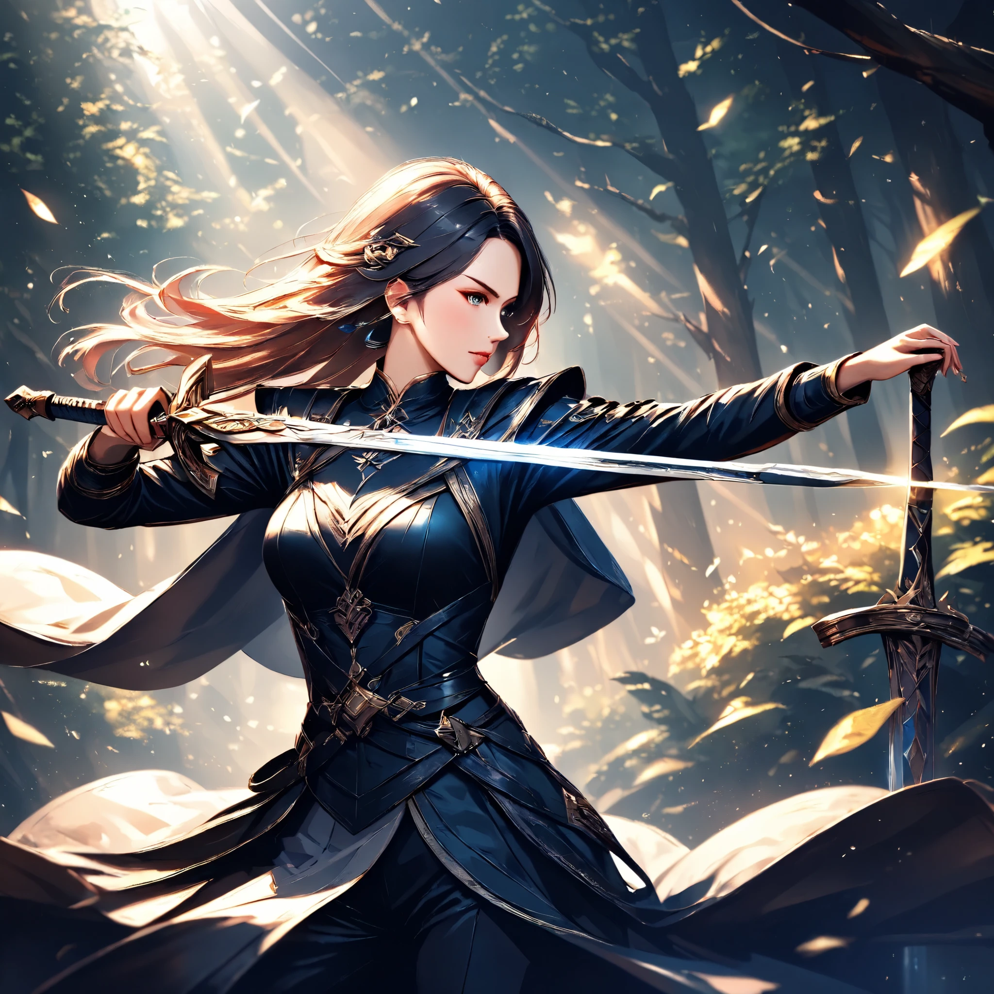 (masterpiece, best quality:1.2), 1 woman, solo, raise a sword, Fantasy Forest, mystical atmosphere, Sunlight Spotlights, Sharp Focus, PHOTOGRAPHIC REALISM, Narrative Poses, dignified expression, Digital Illustrations with Perfect Details