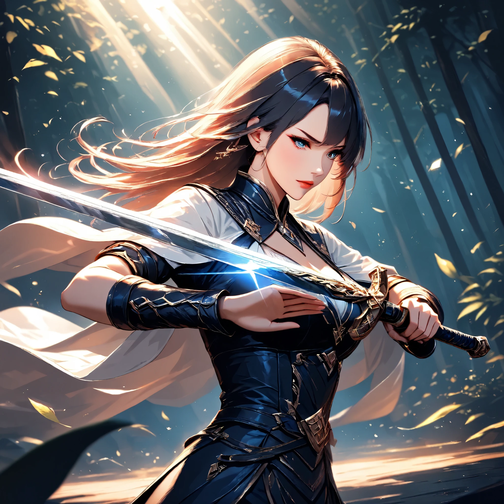 (masterpiece, best quality:1.2), 1 woman, solo, raise a sword, Fantasy Forest, mystical atmosphere, Sunlight Spotlights, Sharp Focus, PHOTOGRAPHIC REALISM, Narrative Poses, dignified expression, Digital Illustrations with Perfect Details