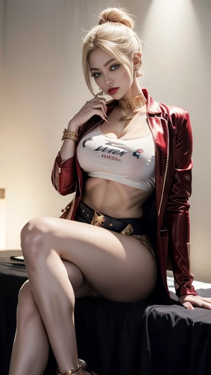 (RAW shooting, Photoreal:1.5, 8k, highest quality, masterpiece, ultra high resolution), perfect dynamic composition:1.2, Highly detailed skin and facial textures:1.2,beautiful and aesthetic:1.2,full body, Fair skin, (large breast:1.4, Chest gap:1.4),(perfect limbs:1.2), (perfect fingers:1.2),(tall,1girl,caucasian,,short blond hair,glamour,makeup,earrings,necklace,red tied shirt:2,short sleeves,white skirt,navel,belt,battle gloves,pantyhose,black knee boots),(simple background:1),