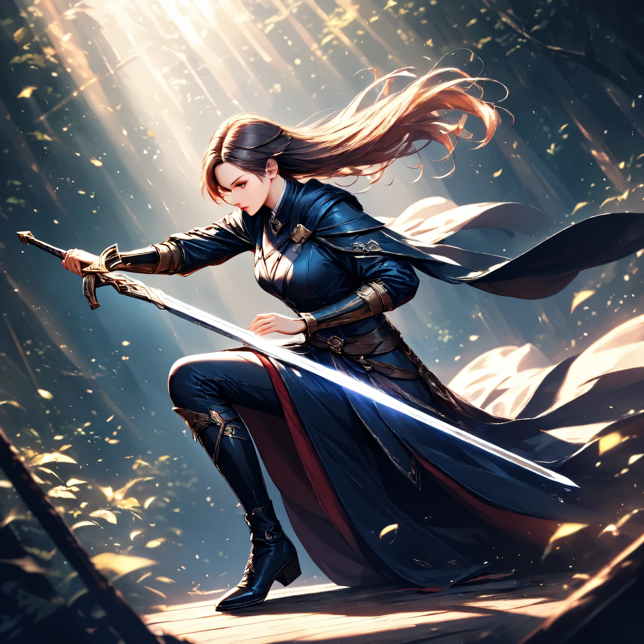 (masterpiece, best quality:1.2), 1 woman, solo, raise a sword, Fantasy Forest, mystical atmosphere, Sunlight Spotlights, Sharp Focus, PHOTOGRAPHIC REALISM, Narrative Poses, dignified expression, Digital Illustrations with Perfect Details