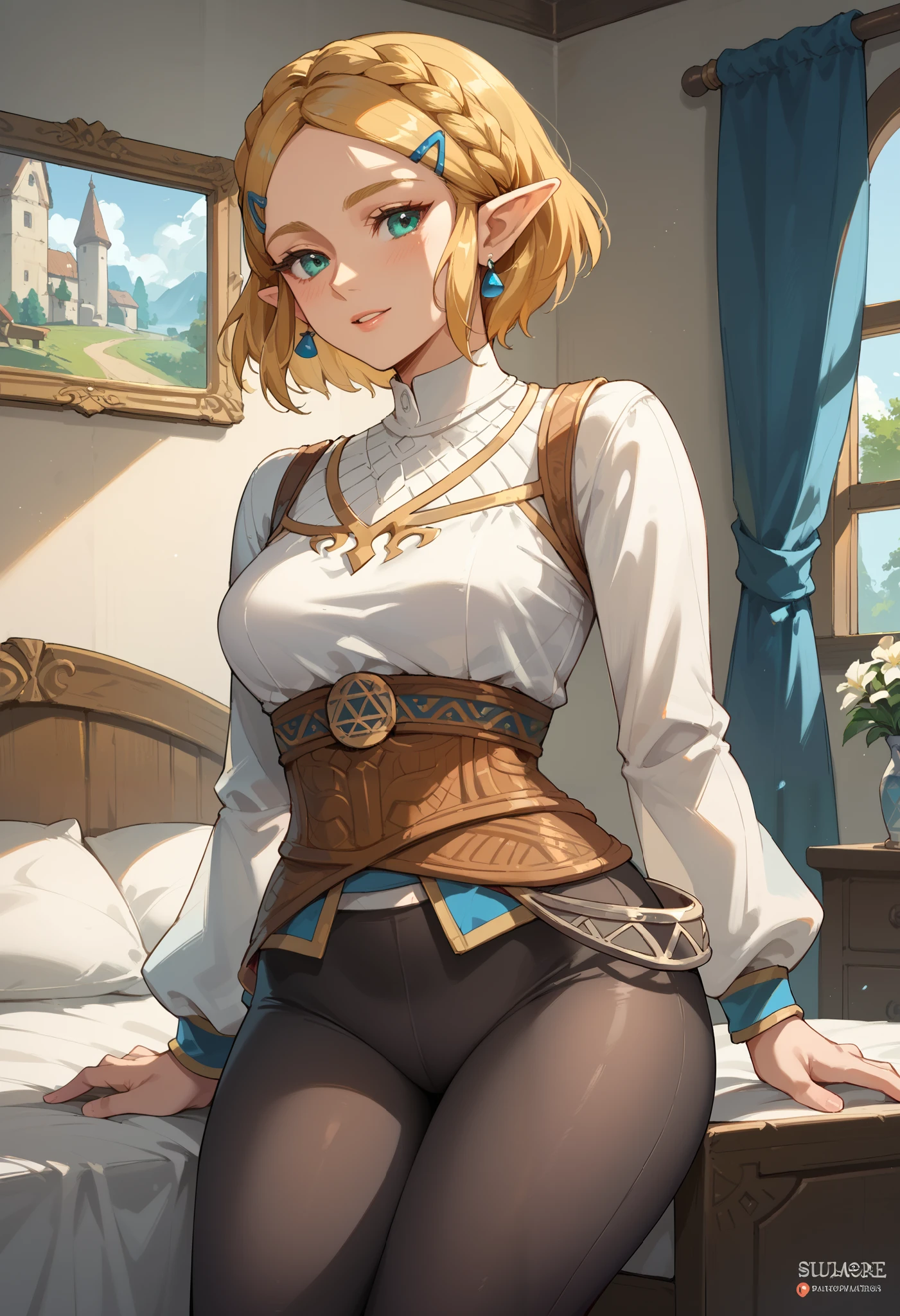 Masterpiece, 8k quality, extremely detailed, Zelda, short hair, bedroom, medieval clothing, black leggings