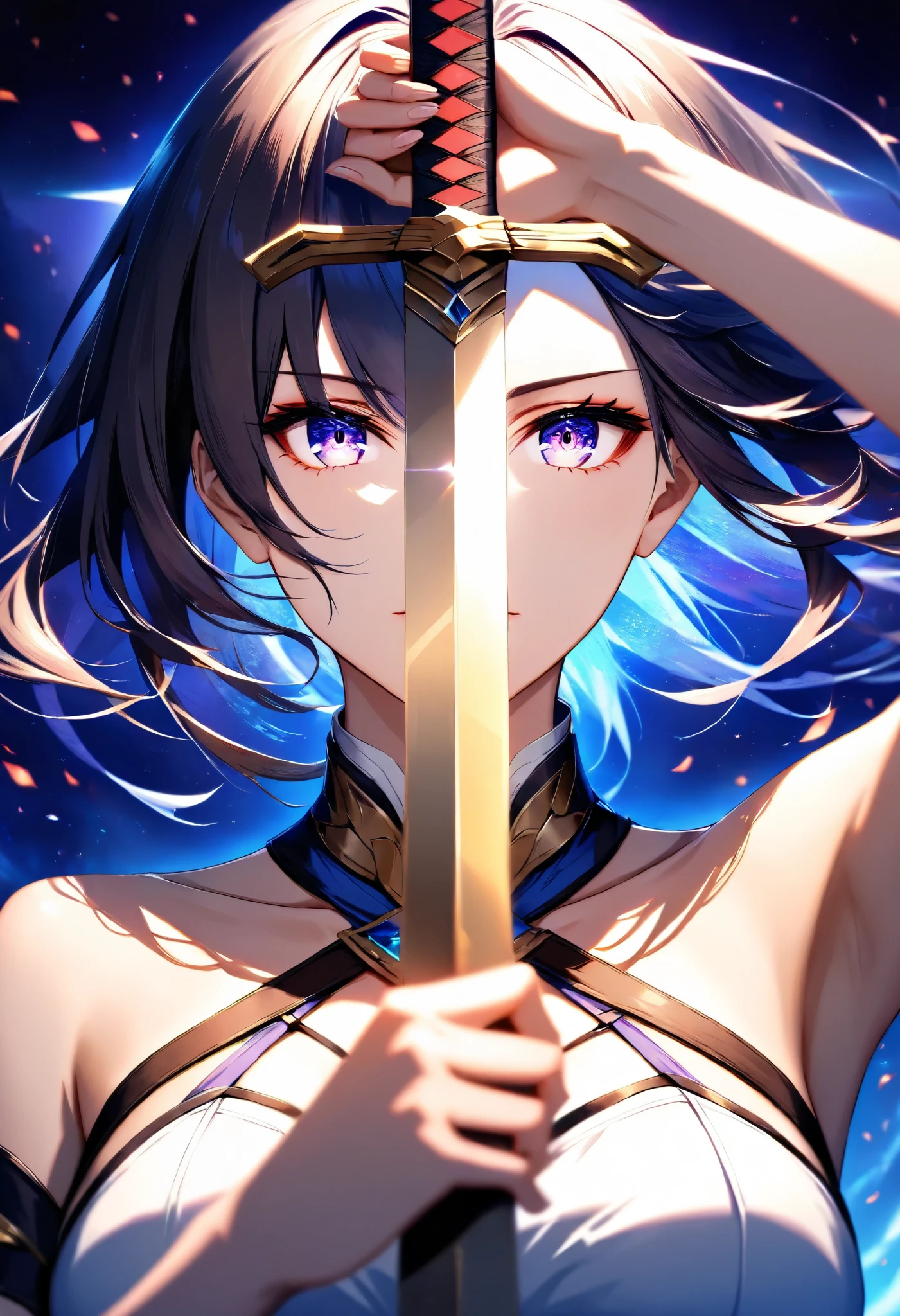 (masterpiece, best quality:1.2), ( female 1 person, Character "Atlas", alone), Holding a Japanese katana in her hand, Impressive dynamic full-body composition, front focus, Draw a sword on the top half, beautiful portrait, Motion blur that creates a sense of speed, 
break (She swings the sword above her head with both hands, \a sword raised directly above the head, Raise the sword held with both hands directly above、and stand the tip of the sword facing the sky,  swing up your sword, A sword raised to the ceiling\), 