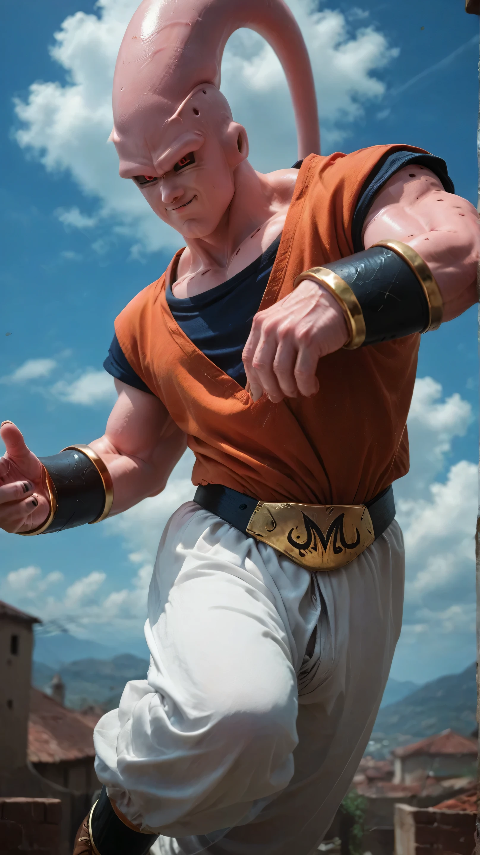 score_9, score_8_up, score_7_up, buuhandb, 1boy, solo, colored skin, pink skin, black sclera, red eyes, antenna, dougi, pants, belt, bracers, looking at viewer, BREAK, flying , blue sky , clouds