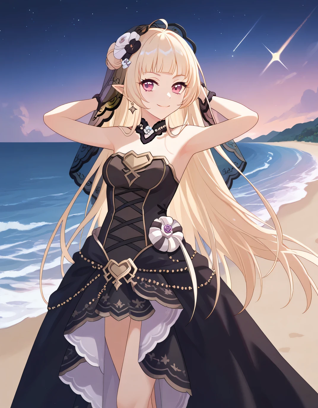 YukiCeremonial, blond hair, long hair, bare shoulders, black dress, bridal veil, black veil, hair flower, strapless dress, game screencap, shiny skin, high quality, solo, night sky, beach, ((hands behind head)), ((contrapposto)), closed mouth, cowboy shot, looking at viewer, smile, best quality