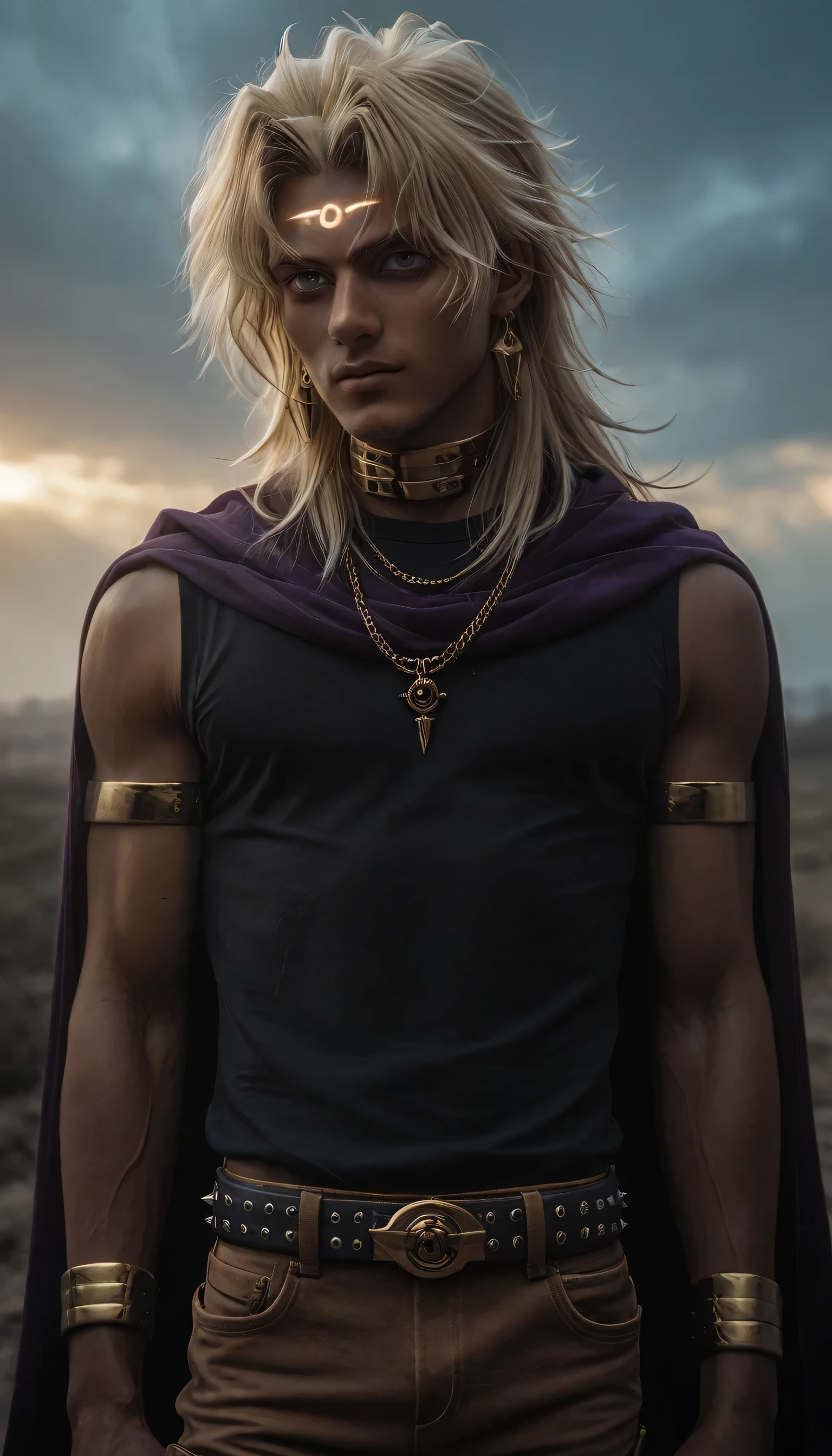 masterpiece, best quality,
marikuish, 1boy, male focus, solo, yami marik, dark skin, dark-skinned male, purple eyes, blonde hair, long hair, spiked hair, jewerly, earrings, neck ring, armlet, shirt, black shirt, sleeveless, cape, purple cape, belt, pants, brown pants
forehead mark, eye of horus, millennium rod
outdoor, sky