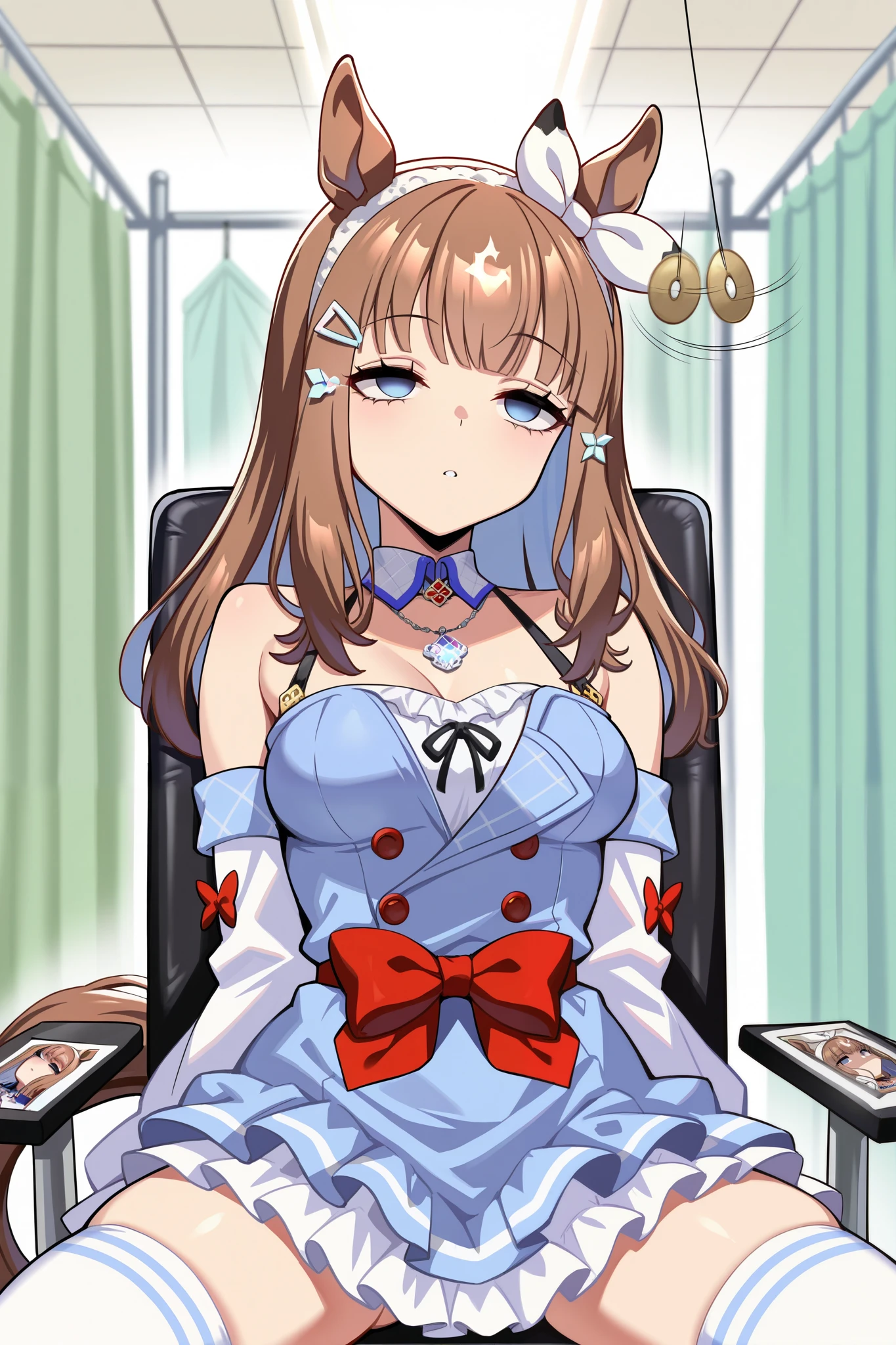 (masterpiece, ultra high definition, 16k, RAW photo, intricate), (sharp focus, crisp details), rich colors, vibrant details, noise reduction, 1girl , ((almond eye \( Uma Musume\)), (One Pendulum , Swinging pendulum, Pendulum before her eyes:1.9), Another person's hand holds a pendulum, (half closed eyes, empty eyes, Sleepy eyes:1.9), Infirmary, sitting chair, Leaning back in a chair, hands behind body, Sluggish hands, Weakness, spread legs, official costume, Motion line, motion Effect, (cowboy shot), hairband , (red ribbon), blue dress, detached sleeves, frills, bare shoulders, medium breasts, bow, layered skirt, horse tail, white thighhighs, necklace, (Very slim thighs), simple background, blur the background