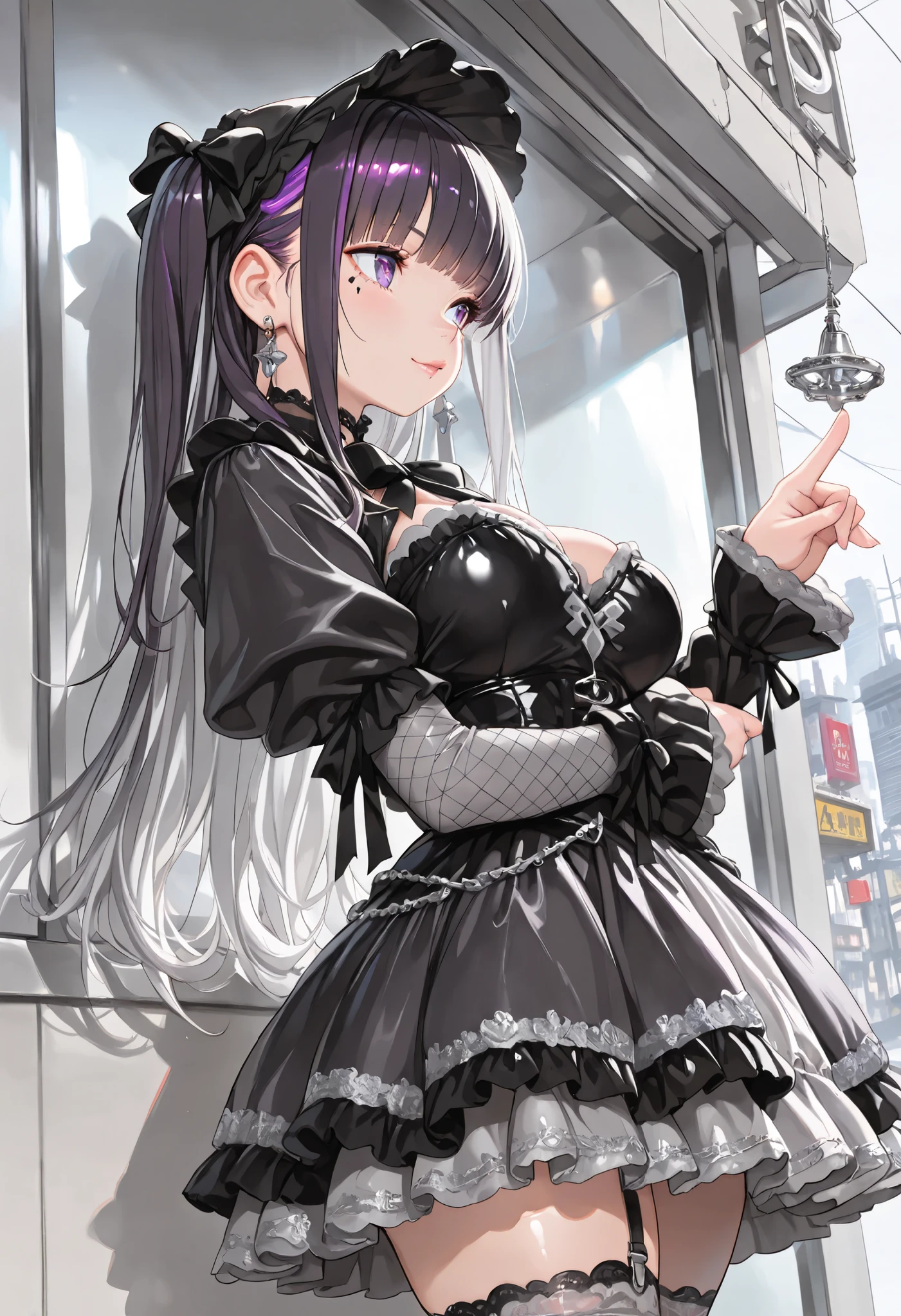 masterpiece, best quality,high resolution,ultra-detailed,gothic lolita,swept bangs,large breasts,seductive smile,lolita hairband,mouth mask,city,