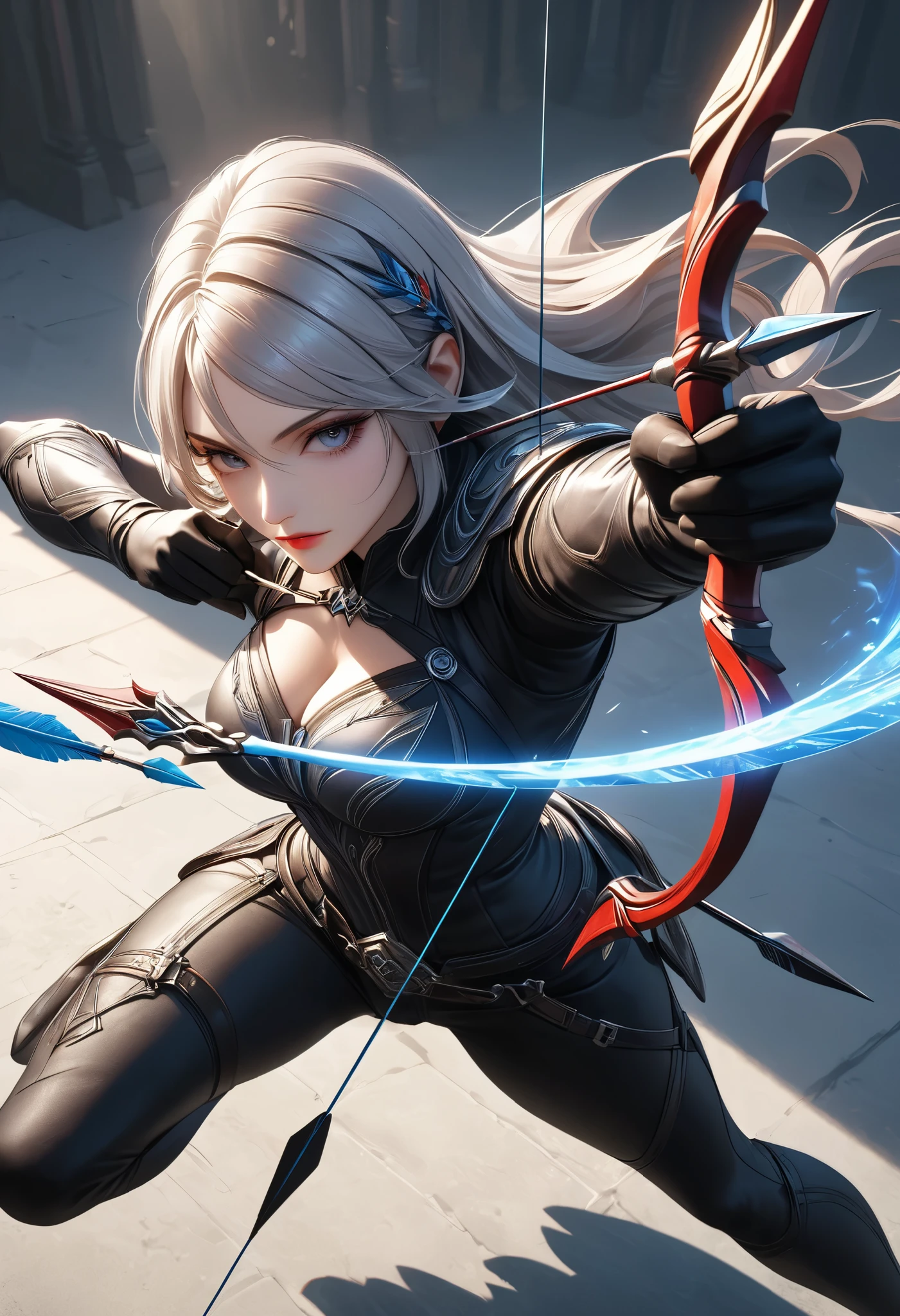 Fusing various styles to create a new style, Combining various techniques to create delicate and bold compositions, An attractive archer, Shoot something unexpected with your bow, Shoot it at the audience, dynamic shot, ankle in the frame, Detailed and realistic texture, Professional artwork, Fine spray work, Powder coating for a three-dimensional look, \I'll target you, BREAK The tip of the arrow pointed at you, dynamic shot\,
Precise and attractive full body composition,from above,The perfect golden ratio, excellent balance between subject and margins, perfect beauty down to the smallest detail, Delicate and Vividly Expressed Subjects, sharp and clear line drawing, colorful textures full of realism, Extremely transparent, realistic texture, Finest workmanship,8K high resolution,photographer-style realistic finish,Professional Light and Shadow,brilliant and deep colors,dark gothic atmosphere,