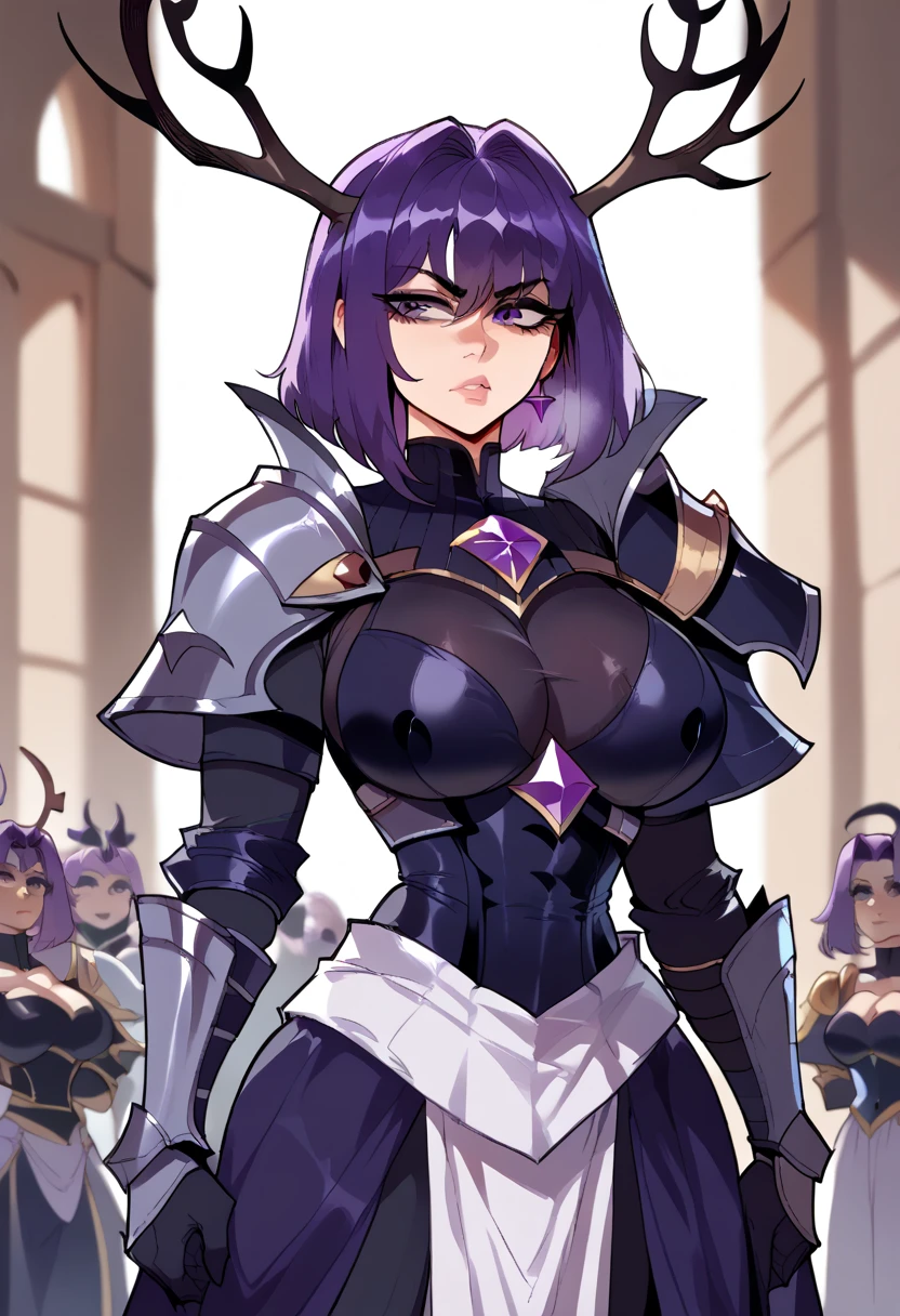 Ultra-detailed illustrations、Ultra-precise expression、masterpiece、Highest quality、ultra High resolution、High resolution、Hiromitsu Takeda Style、White background、Simple Background、One girl、solo、Mash Kyrielight、light purple hair,short hair,hair over one eyes、gloves, bare shoulders, elbow gloves, armor, black armor, boots、Purple eyes、Vulgar expression、smile、Open your mouth、blush、Large Breasts、Big Breasts、Transparent erect nipples、White Breath、Sweat、Glowing Skin、shiny skin、Front angle、View your viewers、