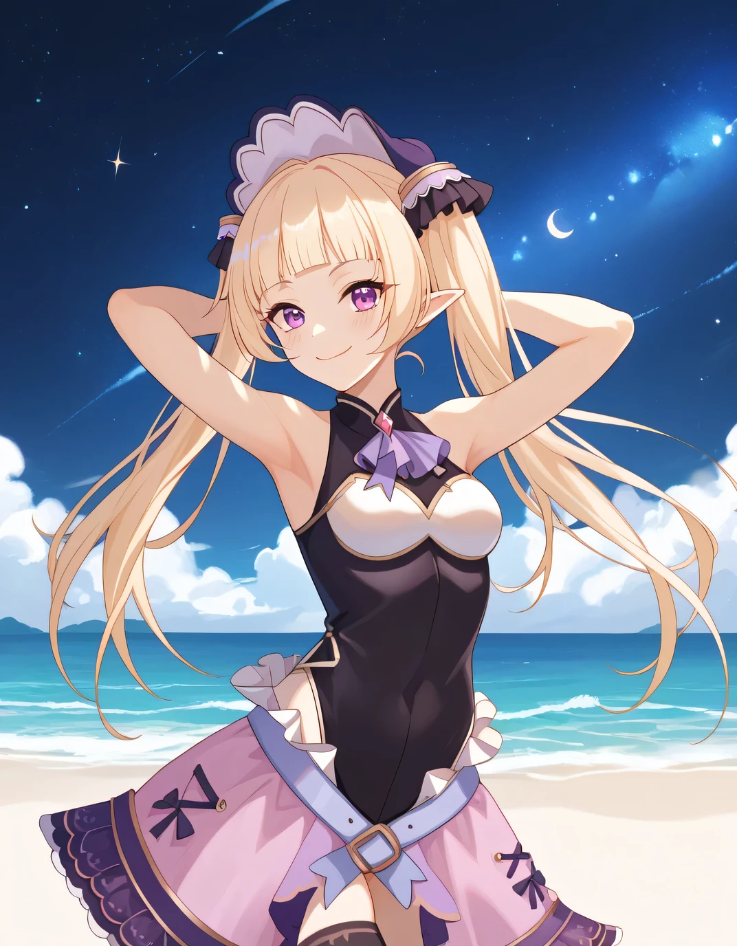 YukiAstrum, game screencap, blond hair, twintail, long hair, black leotard, sleeveless, frilled skirt, purple skirt, black thighhighs, bare shoulders, blunt bangs, shiny skin, high quality, solo, night sky, beach, armpits, (hands behind head), ((contrapposto)), closed mouth, cowboy shot, looking at viewer, smile, best quality