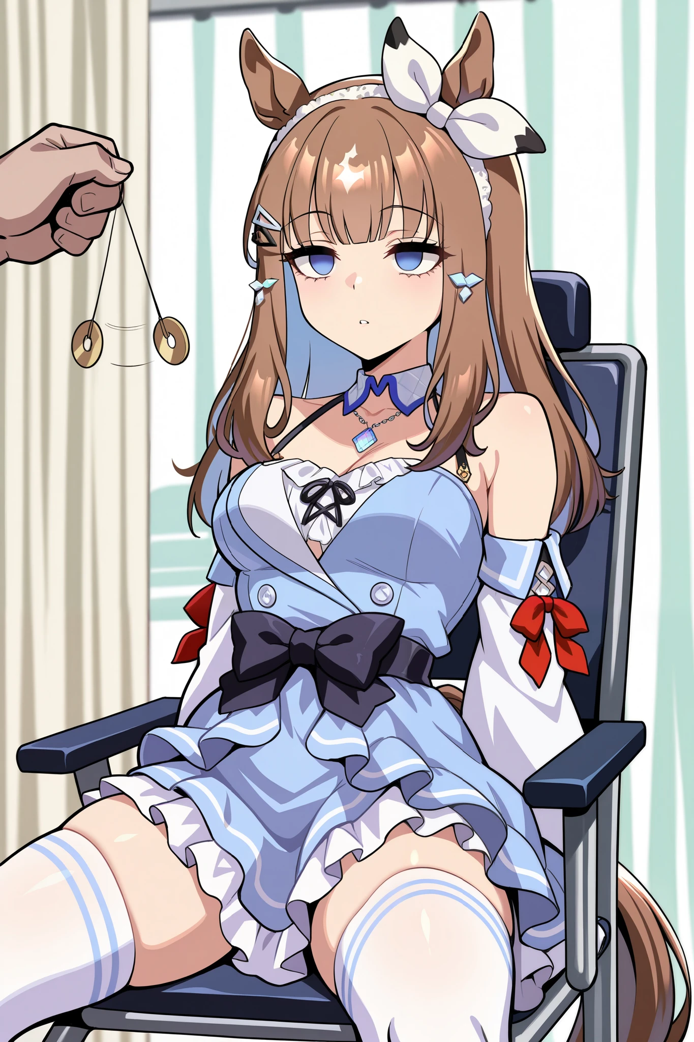 (masterpiece, ultra high definition, 16k, RAW photo, intricate), (sharp focus, crisp details), rich colors, vibrant details, noise reduction, 1girl , ((almond eye \( Uma Musume\)), (One Pendulum , Swinging pendulum, Pendulum before her eyes:1.9), Another person's hand holds a pendulum, (half closed eyes, empty eyes, Sleepy eyes:1.9), Infirmary, sitting chair, Leaning back in a chair, hands behind body, Sluggish hands, Weakness, spread legs, official costume, Motion line, motion Effect, (cowboy shot), hairband , (red ribbon), blue dress, detached sleeves, frills, bare shoulders, medium breasts, bow, layered skirt, horse tail, white thighhighs, necklace, (Very slim thighs), simple background, blur the background, nsfw