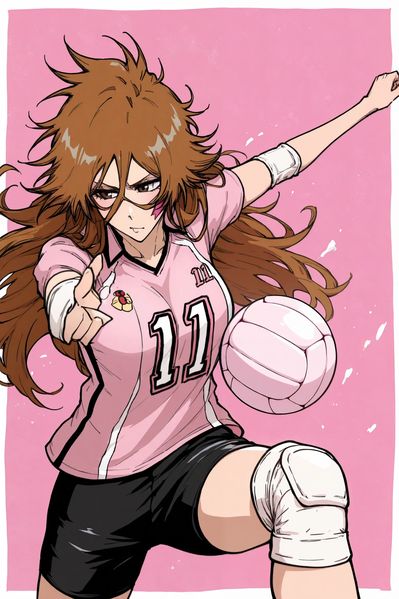Female girl,long hair, Bleach, black shorts, volleyball knee pads, pink volleyball shirt with the number 11 in the center, super long messy Brown hair, volleyball, Ladybug light pink medium mask