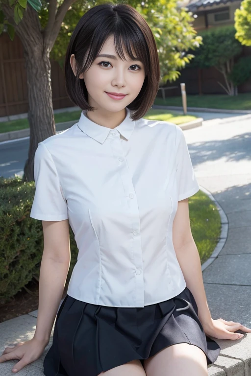 (((Top image quality、8K、1人の女性)))、japanes、((The whole body is visible、clothes wet))、独奏、1 female、A woman is photographed alone、cute little、ren、Beautuful Women、Beautie、Double eyelids、full body Esbian、1:3、((Wearing a uniform))、Shoes are also in the photo、dark sky、rain is falling、夏天、Plum rain、shortsleeves、The face is orderly、japanes、(Underwear with a faint sheer feeling)、Sheer in a white shirt、short white sleeves、wearing skirt、Hair is wet、More transparent shirt、shelter、rain is falling、NSFW、posterior view、(Turning around)、teats see through、Ecchi、I'm smiling with my mouth open