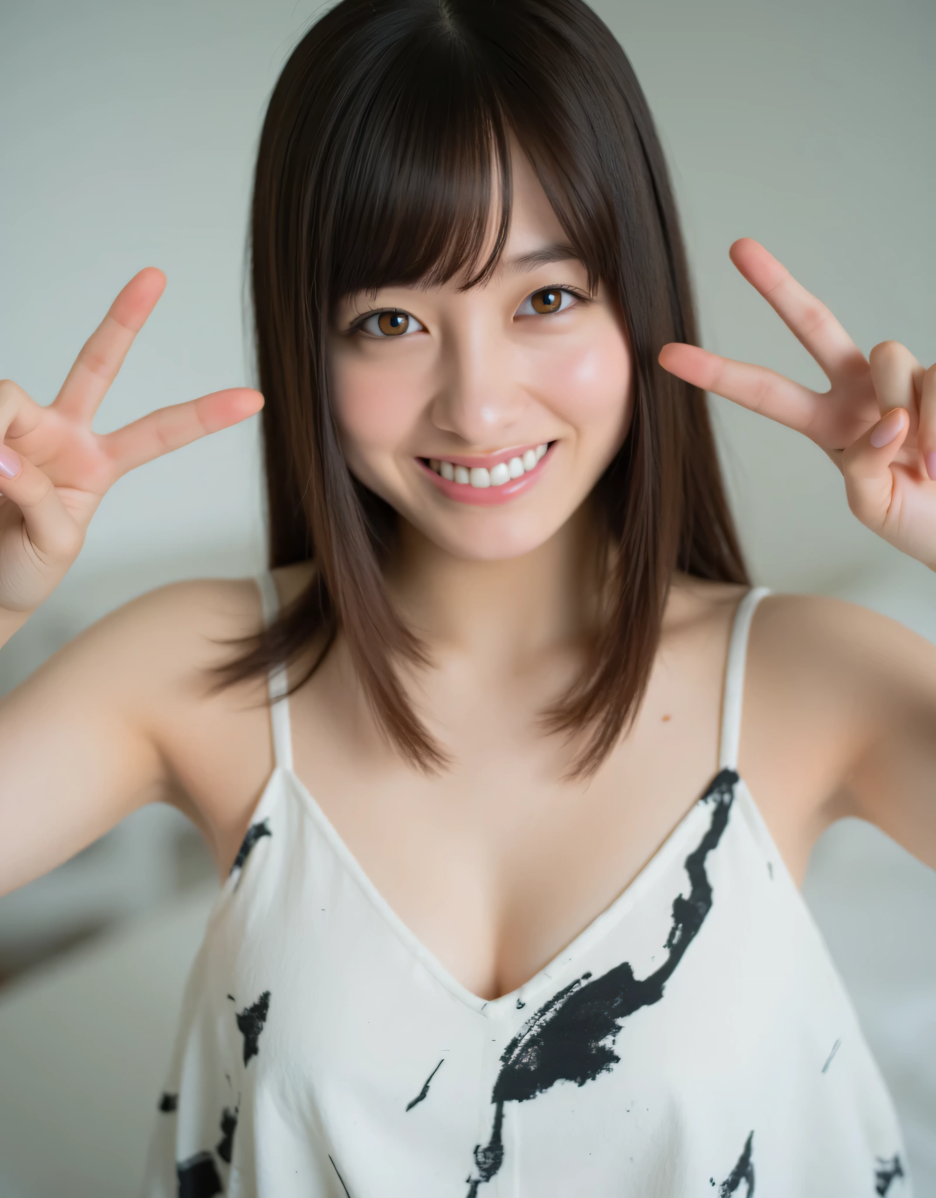 face close-up, The image is a picture of a young woman named Kanna, highlighting, white skin and long , straight dark brown hair , and bangs. her skin is as white as snow. deep v-neck, Chest. Kanna wears sleeveless , highlights a white dress with a black abstract brushstroke pattern , that gives her outfit a modern , artistic vibe . She smiles at the camera , Her teasing and seductive expression . dress is thin , with spaghetti straps and loose , The flowing fabric drapes onto her petite frame . spread your arms, as if she were getting ready to hug、It focuses on the natural beauty of the subject and the artistic elements of her outfit、I'm making a peace sign with my finger . The image is a bright , . The photo emphasizes simplicity and elegance , focuses on the natural beauty of the subject and the artistic elements of the costume. Her sexy bare breasts are the focus of the camera . *** blood vessels, pale skin, skin pores, blood vessels in sclera, More, Beautiful Places , Skin fuzz. The background is a simple bedroom.
