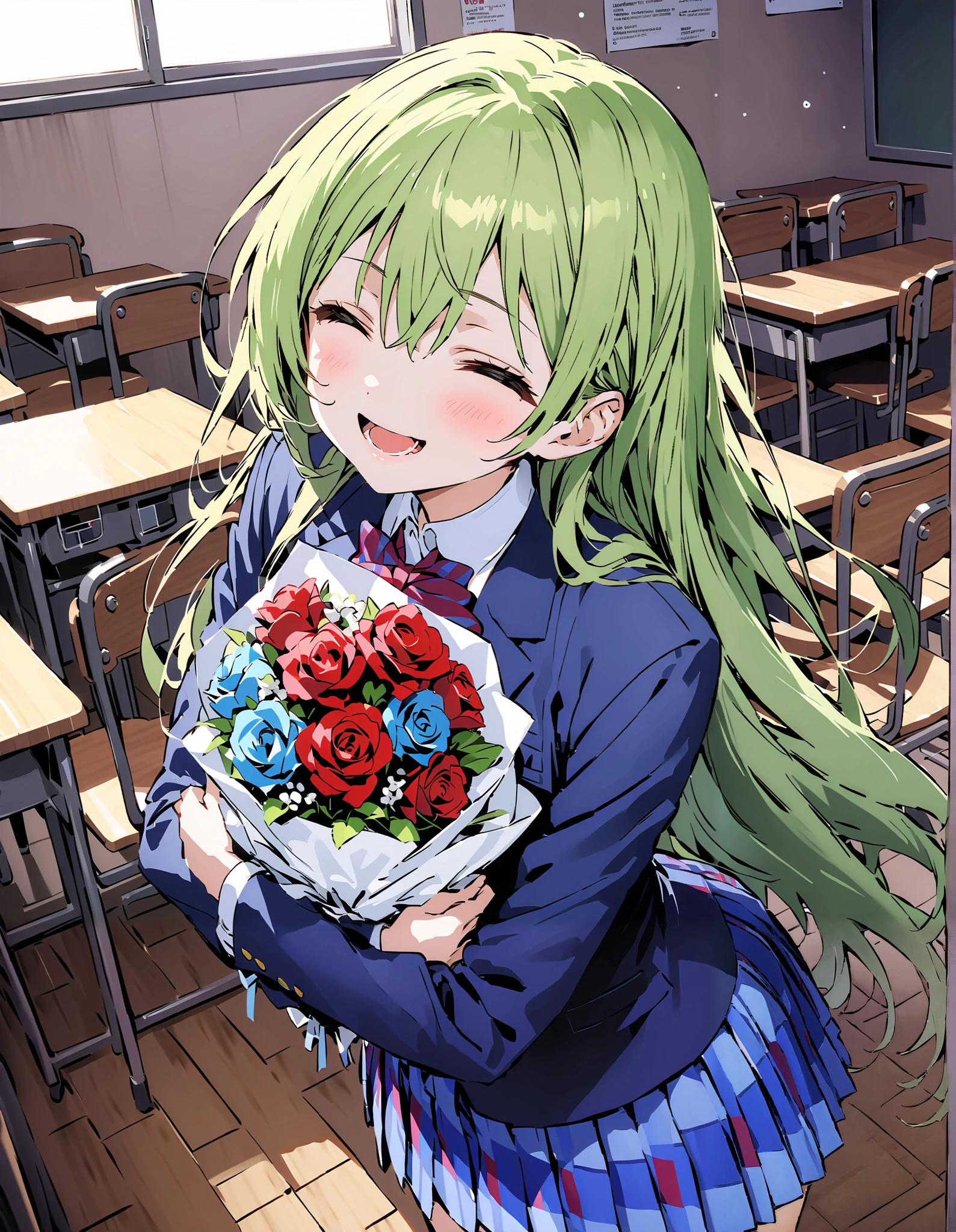 score_9, score_8_up, score_7_up, source_anime, Sonoda Umi , Alone,long hair, bungs, Between the eyebrows, Green Hair,long straight hair, school uniform, jacket, blazer from above the bar, Winter uniform, otonokizaka school uniform,is standing,Holding a bouquet in both arms, both eyes,big smiles,smile,blushes,open their mouths,machine,chairs,machineの上にバースデーケーキが置いている,break indoors, classroom,
break (masterpiece:1.2), top quality, high resolution, Unity 8K Wallpaper , (illustration for both eyes:0.8), very detailed face, perfect lighting, extremely detailed CG, (perfect hand, perfect anatomy),