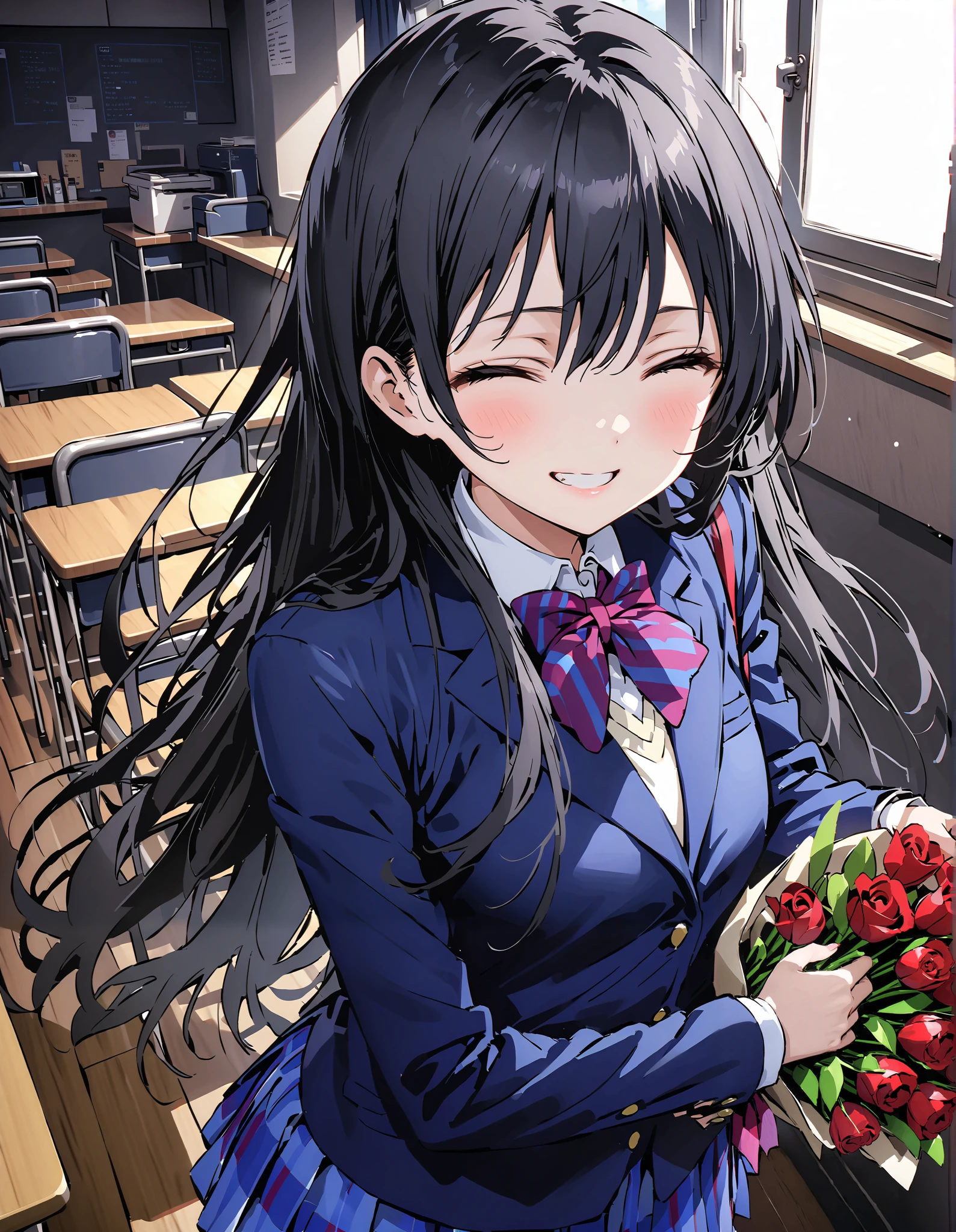 score_9, score_8_up, score_7_up, source_anime, Sonoda Umi , Alone,long hair, bungs, Between the eyebrows, Green Hair,long straight hair, school uniform, jacket, blazer from above the bar, Winter uniform, otonokizaka school uniform,is standing,Holding a bouquet in both arms, both eyes,big smiles,smile,blushes,open their mouths,machine,chairs,machineの上にバースデーケーキが置いている,break indoors, classroom,
break (masterpiece:1.2), top quality, high resolution, Unity 8K Wallpaper , (illustration for both eyes:0.8), very detailed face, perfect lighting, extremely detailed CG, (perfect hand, perfect anatomy),