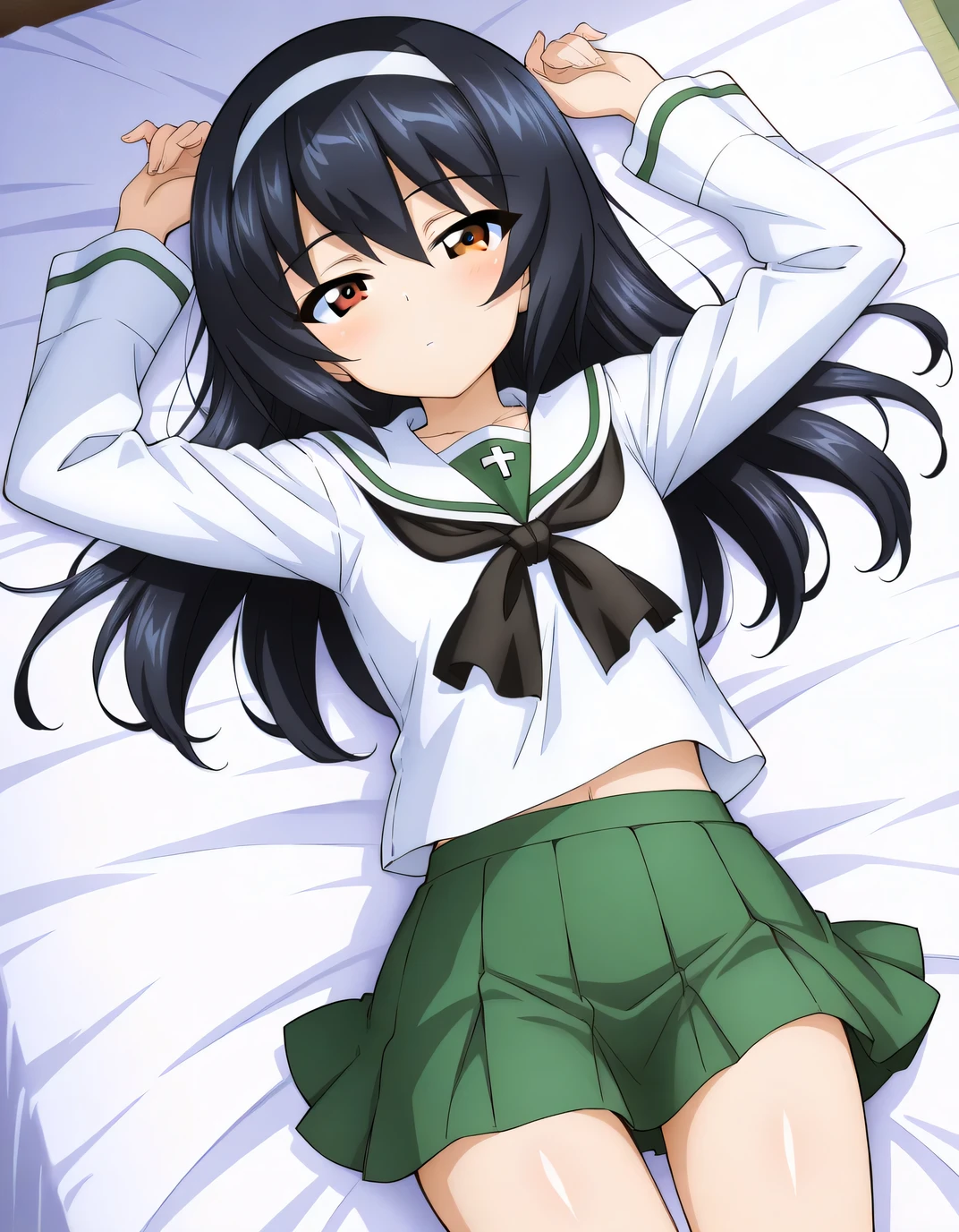 reizei mako, long hair, black hair, white hairband, brown eyes
ooarai school uniform,white sailor collar,black neckerchief,white shirt,long sleeves,green skirt, shiny skin, high quality, solo, lying, on back, arms up, legs apart, from above, closed mouth, on bed, large bed, looking at viewer, cowboy shot, expressionless, best quality